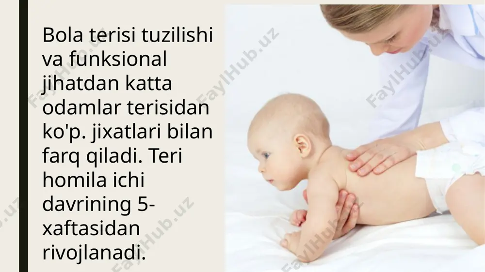 omirlar atrofida va ichki organlarda joylashganligi hisoblanadi. u chaqaloqlarda issiqlik ishlab chiqarishning yuqori darajasini ta'minlaydi. o'sishda teri osti yog' qavatining yo’q'olishi o'ziga xos tartibda. kechadi: oldin qorin va ko'krakda, keyin tana oxirlarida va yuzda. teri funksiyalari turlicha bo'lib, lekin ulardan asosiysi dag'al mexanik, kimyoviy ta'sirlardan himoyadir. bola hayotining 1-yilida bu funksiya juda yupqa bolgan epidermis va boy qon bilan ta'minlash hisobiga yetarli bo'lmaydi. boshqa funksiyalar yetarlicha yaxshi namoyon bo'ladi: 1. nafas olishda ishtirok etish. 2. ayirish 3. vitamin d hosil qilish. 4. sezish. 5. haroratni sezish. 6. yuzaki og'riqni sezish. bolalarda terini o'ziga xos fiziologik xususiyatlari yangi tug'ilgan chaqaloqlar va yoshidagi bolalar terisining o'ziga xos xususiyatlari bilan tushuntiriladi: chaqaloqlarning fiziologik giperemiyasi yoki eritemasi.terisida uchraydi. mayda sariq rangdagi tugunchalar (milia) bular chaqaloqlarning yuz. fiziologik qipiqlanish - muguzlangan xujayralarning ko'chishi. chaqaloqlarda teri infitsirlanganda pufakcha yuzaga kelishi mumkin. bu epidermis bilan dermani yetarli bo'lmagan bog'liqligidan yuzaga keladi. chaqaloglar va ko'krak yoshidagi bolalarda yozning …