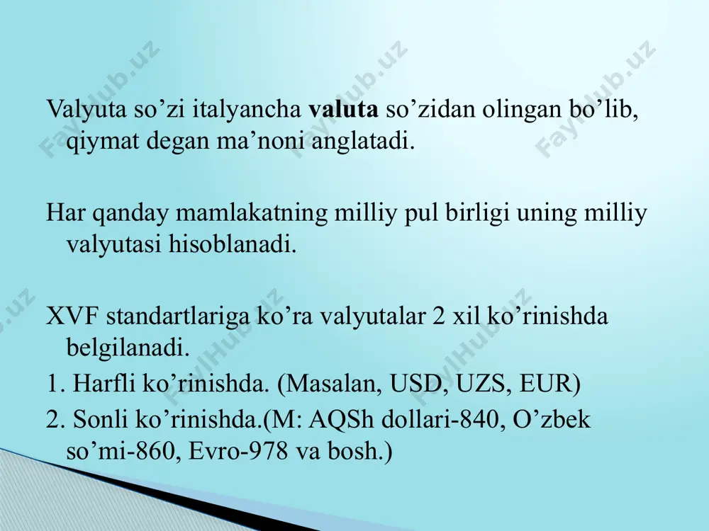 valyuta kurslari tasnifi kurs o’rnatish mezonlari valyuta kursining turlari 1. belgilash turi bo’yicha suzuvchi, qat’iy belgilangan, aralash 2. hisoblash usuli bo’yicha paritet, haqiqiy kurs 3. nisbat bo’yicha kross kursi, to’g’ri, egri (teskari), fiksing 4. bitim turi spot – kurs, muddatli bitim (forvard) kursi 5. o’rnatish joyi rasmiy (mb), tijorat (banklar), qora bozor 6. valyutaning xarid qobiliyati paritetiga nisbatan paritetli, oshirilgan, kamaytirilgan kurs 7. bitim qatnashchilari bo’yicha sotib olish kursi (sotib oluvchi uchun), sotish kursi (sotuvchi uchun) 8. inflyatsiyani hisobga olish bo’yicha real kurs, nominal kurs, o’rtacha kross-kurs (cross rate) - ikki valyutaning o’zaro nisbati bo’lib, bu nisbat mazkur valyutalarning uchinchi valyutaga nisbatan kursi orqali aniqlanadi. misol: 1 aqsh dollari = 73,70 rossiya rubli 1 aqsh dollari = 9600 o’zbek so’mi bo’lsa, 1 rossiya rubli= 130,2578 o’zbek so’miga teng bo’ladi spot operatsiyalari spot bitimi tuzilgandan keyin ikki ish kuni mobaynida amalga oshiriladigan valyuta operatsiyalaridir. spot yuqori riskli valyuta operatsiyasi hisoblanadi va …