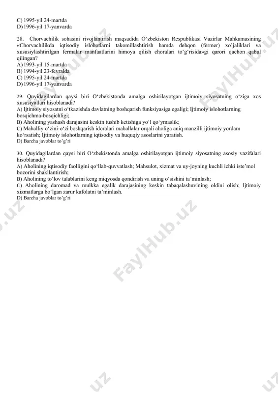 lar harakati – liberal-demokratik partiyasining 25. skrining so'zi qanday manoni bildiradi? a) ruscha-ko’mak b) inglizcha-saralash c) yunoncha-ko’rish d) fransuzcha-ko’rinish 26. o’zbekiston respublikasi oliy majlisi senatida necha nafar senator faoliyat yuritadi? a) 50 nafar b) 84 nafar c) 100 nafar d) 150 nafar 27. chorvachilik sohasini rivojlantirish maqsadida o‘zbekiston respublikasi vazirlar mahkamasining «respublika chorvachiligida iqtisodiy islohotlarni chuqurlashtirish chora – tadbirlari to‘g‘risida»gi qarori qachon qabul qilingan? a) 1993-yil 15-martda b) 1994-yil 23-fevralda c) 1995-yil 24-martda d) 1996-yil 17-yanvarda 28. chorvachilik sohasini rivojlantirish maqsadida o‘zbekiston respublikasi vazirlar mahkamasining «chorvachilikda iqtisodiy islohotlarni takomillashtirish hamda dehqon (fermer) xo’jaliklari va xususiylashtirilgan fermalar manfaatlarini himoya qilish choralari to‘g‘risida»gi qarori qachon qabul qilingan? a) 1993-yil 15-martda b) 1994-yil 23-fevralda c) 1995-yil 24-martda d) 1996-yil 17-yanvarda 29. quyidagilardan qaysi biri o‘zbekistonda amalga oshirilayotgan ijtimoiy siyosatning o‘ziga xos xususiyatlari hisoblanadi? a) ijtimoiy siyosatni o‘tkazishda davlatning boshqarish funksiyasiga egaligi; ijtimoiy islohotlarning bosqichma-bosqichligi; b) aholining yashash darajasini keskin tushib ketishiga yo‘l qo‘ymaslik; …