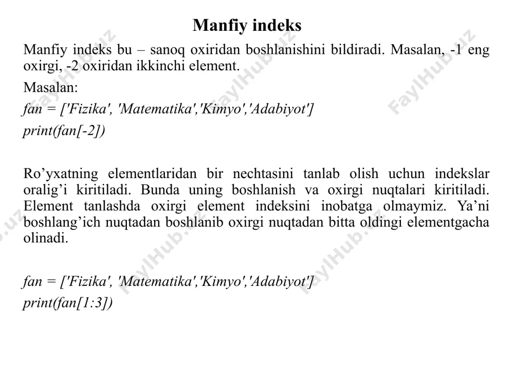 sert(2,'ko`k') print(rang) ro’yxatdan nusxa olishda copy() va list() funksiyalaridan foydalanish mumkin. rang=['qizil','sariq','yashil','qora'] rang_2=rang.copy() print(rang_2) rang=['qizil','sariq','yashil','qora'] rang_2=list(rang) print(rang_2) ro’yxatdan nusxa olish 1) a=[12,52,63,42,85,96] ro’yxat elementlari berilgan. ushbu ro’yxatni b nomli ro’yxatga nusxalab, quyidagi ko’rinishda hosil qiluvchi dastur tuzing. b=[12, 52, 63, 42, 85, 96, 100] ro’yxatdan nusxa olish a=[12,52,63,42,85,96] b=a.copy() b.append(100) print('b=',b) ro’yxatlarni birlashtirish uchun extend() funksiyasi yoki “+” belgisidan foydalanish mumkin. a=[1,2,3,4,5,6] b=[7,8,9,10,11] a.extend(b) print(a) a=[1,2,3,4,5,6] b=[7,8,9,10,11] print(a+b) ro’yxatlarni birlashtirish 1) a=[1,2,3,4,5,6] va b=[7,8,9,10,11] ro’yxatlarni birlashtirib, hosil bo’lgan ro’yxatning toq indeksli elementlarini c=[2, 4, 6, 8, 10] ro’yxatda hosil qiluvchi dastur tuzing. ro’yxatlarni birlashtirish a=[1,2,3,4,5,6] b=[7,8,9,10,11] c=[] a.extend(b) for i in range(len(a)): if i%2!=0: c.append(a[i]) print(c) ro’yxatdagi bir xil elementlar sonini aniqlashda count() funksiyasidan foydalanamiz. ishlatiladi. index() funksiyasi berilgan elementni indeksini aniqlaydi, agarda bunday elementlar bir nechta bo’lsa, faqat birinchi uchragan element indeksini aniqlaydi. a=[12,52,63,42,85,12] b=a.count(12) print(b) a=[12,52,63,42,85,12] b=a.index(12) print(b) ro’yxatdagi bir xil elementlarni sonini va indeksini aniqlash sort() funksiyasi …
