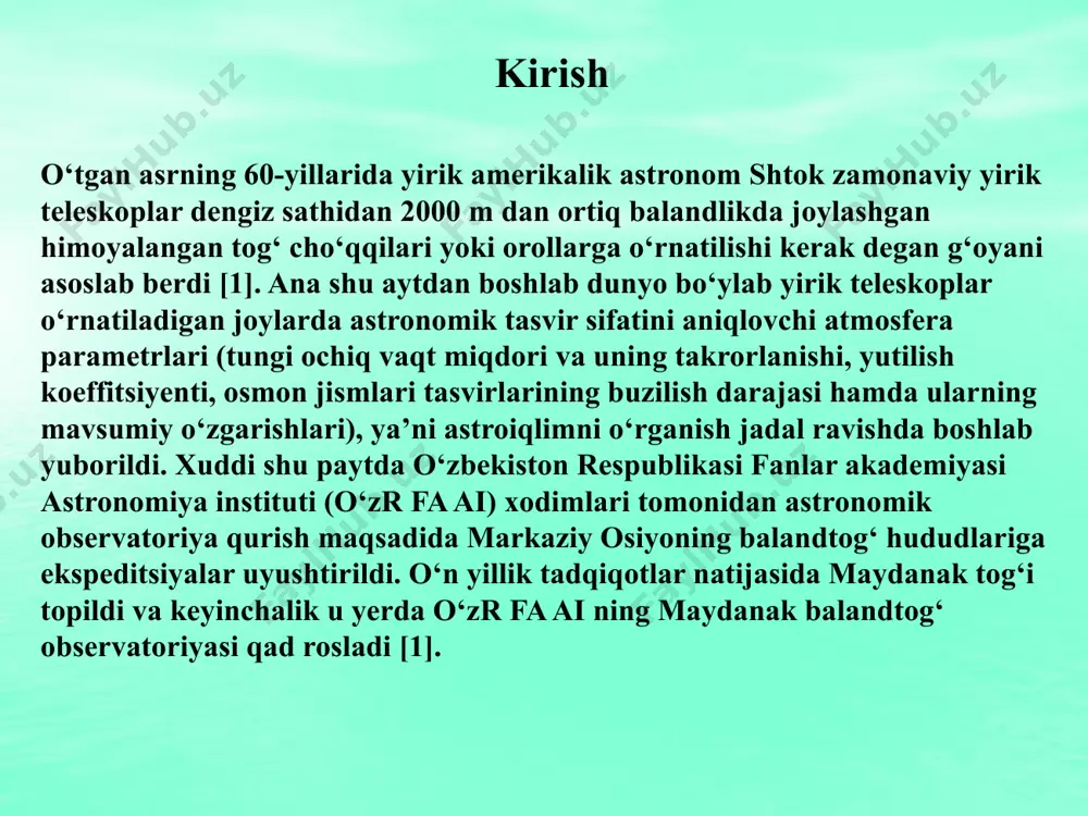 viy ishining ilmiy va amaliy ahamiyati ushbu bitiruv malakaviy ishida olingan tropopauza qatlami (taxminan 11 km balandlikda joylashgan) shamolining tezligini aniqlash natijalarini jahonning yetakchi rasadxonalaridagi ushbu parametr bilan solishtirish imkonini berdi. ushbu parametr bo‘yicha ham maydanak johonning boshqa yetakchi observatoriyalaridan qolishmasligini aniqlandi. ushbu natija bitiruv malakaviy ishining ilmiy yangiligidir. tadqiqotning ilmiy yangiligi maydanak tog‘ida 1979-1985 yy. (tutash chiziq) va 1996-200 yy. dimm-instrumenti kuzatishlari asosida (nuqtali tutash chiziq), chilining la silla (shtrixli chiziq) va paranal (shtrixli chiziq) observatoriyalarida 1983-1997 yy. olingan maksimal mumkin bo‘lgan soniga nisbatan foizlardagi o‘rtacha oylik ochiq tunlar miqdori dimm-instrumenti platformasidagi bws avtomatik meteostansiyasi, balandlik 6 m maydanak tog‘ida yer sirtidan 6 metr balanlikdagi shamol tezligining statistik taqsimlanishi. gistogrammaning ordinata o‘qiga baholash miqdori (chapda) kumulyativ taqsimlanish (o‘ngda) qo‘yilgan 6 m baladlikda o‘lchangan ma’lumotlar bo‘yicha yer sirti shamoli yo‘nalishining burchak gistogrammasi ushbu bitiruv malakaviy ishi doirasida bajarilgan ilmiy tadqiqotlarning asosiy natijalari quyidagilardan iborat: maydanak observatoriyasidagi ochiq vaqt miqdorini baholash …