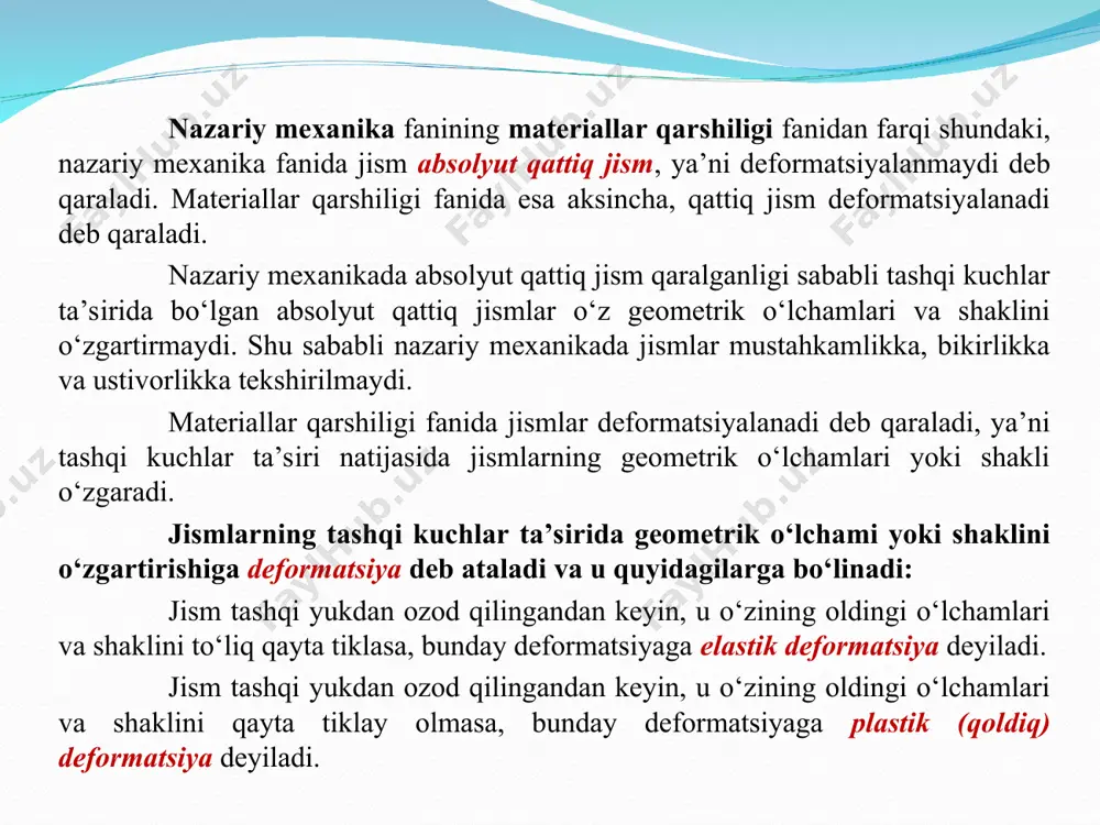 sivlik bilan xarakterlanib, u ixtiyoriy qonun asosida o‘zgaruvchi yoki doimiy bo‘lishi mumkin. doimiy yuk element sirti bo‘yicha tekis taqsimlangan bo‘ladi. sirt bo‘yicha taqsimlangan kuch yuza birligiga to‘g‘ri kelgan kuchning miqdori bilan xarakterlanib o‘lchov birligi n/m2 (pa). sterjenlarni hisoblashda sirt bo‘yicha taqsimlangan kuchlar sterjen uzunligi bo‘yicha chiziqli qonun asosida taqsimlangan kuchlarga keltiriladi. chiziq bo‘yicha taqsimlangan uzunlik birligiga to‘g‘ri kelgan kuchning miqdori bilan xarakterlanib o‘lchov birligi n/m. taqsimlangan sirtqi kuchlarga misol sifatida silindrik idishdagi suyuqlikning bosimini, qorning bino tomiga bosimini, shamolning ta’sirini va boshqalarni keltirish mumkin. konstruksiya o‘lchamiga nisbatan juda kichik sirtiga ta’sir etuvchi kuchlar to‘plangan kuchlar deb ataladi va ularni bir nuqtaga qo‘yilgan deb faraz qilamiz, to‘plangan kuchlarning o‘lchov birligi nyuton (n). statik va dinamik yuklar. yuk o‘z miqdori, qo‘yilgan nuqtalari yoki yo‘nalishlarini sekin-asta oxirgi qiymatigacha o‘zgartiradigan, ya’ni tezlanishlari e’tiborsiz bo‘lgan yuklarga statik yuklar deyiladi. yuklar o‘z miqdor va qo‘yilgan nuqtalarni juda qisqa vaqt mobaynida juda katta tezlik bilan o‘zgartirsa bunday …