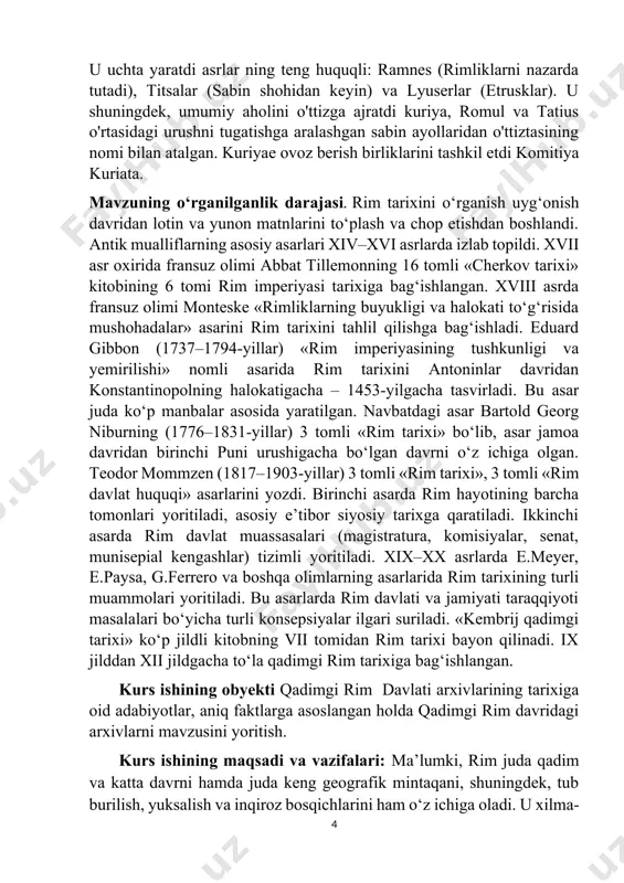 tafakkurini yuksaltirish, arxiv ishi tarixi hamda tarixiy taraqqiyotini ilmiy-nazariy tahlil etish, arxivlarning ijtimoiy-ma’naviy hayotdagi o‘rni hamda arxivlarga nisbatan maqsadli yo‘naltirilgan jamoatchilik fikrini shakllantirishdan iborat. kurs ishining ahamiyati. turli manba va adabiyotlarni tahliliy solishtirish va qiyoslash vositasida rim davlatini tarixiy hayot tarsi va hozirgi kunda ularning tarixini o’rganishda amalga oshirilayotgan keng va tizimli islohotlar, hamda ularning samaradorlik darajasi haqida atroflicha ma’lumotlar shakllantiriladi, tarixiy hujjatlarning elektron nusxalarini yaratish va bugun va o’tmish amaliyotidagi yutuq va kamchiliklarning, shuningdek, barcha iqtisodiy, siyosiy va madaniy bosqichlari haqida to‘liq va batafsil ma’lumotlar beriladi. kurs ishining tuzilishi va hajmi. kurs ishi kirish, asosiy qism, to‘rtta paragraf, xulosa hamda foydalanilgan adabiyotlar ro‘yxatidan iborat. kurs ishining umumiy hajmi – 35 bet. 1.1 rimda dastlabki arxivlarning vujudga kelishi. eramizdan avvalgi ii ming yillik oxirlari va i ming yillik boshlarida italiya aholisining (ayniqsa janubda va markazda yashovchi aholining) sharqiy o‘rtaer dengiz mamlakatlari bilan savdo va madaniy aloqalari doimiy bo‘lgan. eng qadimgi …