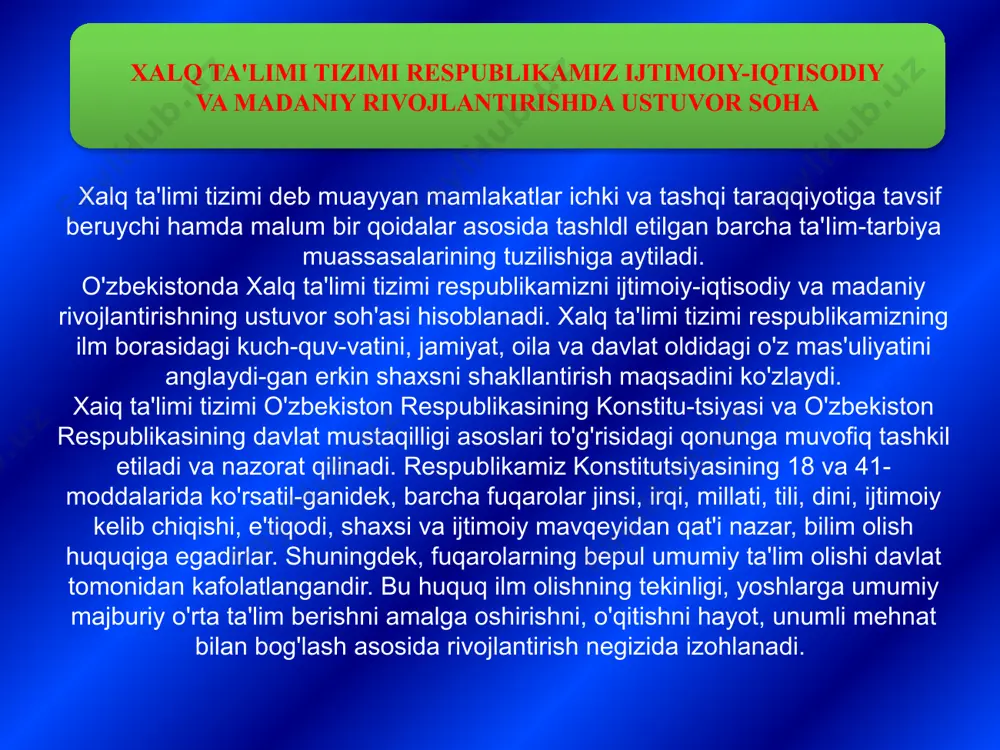 ish, ta'limni milliy taraqqiyotning o'ta muhim omili sifatida e'tirof etish, boshqa xalqlarning tarixi va madaniyatini hurmatlash; uzluksiz ta'lim tizimi va turlari uzluksiz ta'lim tizimining faoliyat olib borishi davlat ta'lim standartiari asosida, turli darajadagi ta'lim dasturlarining izchiliigi asosida ta'minlanadi va quyidagi ta'lim turlarini o'z ichiga oladi: — maktabgacha ta'lim; — umumiy o'rta ta'lim; — o'rta maxsus kasb-hunar ta'limi; — oliy ta'lim; — oliy o'quv yurtidan keyingi ta'lim; — kadrlar malakasini oshirish va ularni qayta tayyorlash; — maktabdan tashqari ta'lim. kadrlar tayyorlash milliy modelining o'ziga xos xususiyati mustaqil ravishdagi to'qqiz yillik umumiy o'rta hamda uch yillik o'rta maxsus kasb-hunar ta'limini joriy etishdan iboratdir. maktabgacha ta'lim bolaning sog'lom, har tomonlama kamol topib shakllanishini ta'minlaydi, unda o'qishga intilish hissini uyg'otadi, uni muntazam ta'lim olishga tayyorlaydi. maktabgacha " 1 ta'lim bola olti-yetti yoshga yetgunicha davlat va nodavlat maktabgacha tarbiya bolalar muassasalarida hamda oilalarda amalga oshiriladi. maktabgacha ta'lim maqsadi va vazifalarini ro'yobga chiqarishda mahallalar, jamoat va …