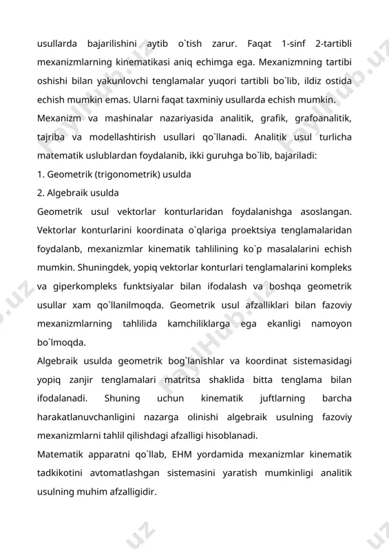 zlar uchun «noto`g`ri» holat bo`lib, bunda аssurning «maxsus» nuqtasi usullari qo`llanadi. grafik va grafoanalitik usullarning soddaligi va ko`zga tashlanuvchanligi ularning katta afzalligi hisoblanadi. kinematik tahlilning tajribalar usuli kinematik xarakteristikalarni o`lchash va nazariy tadqiqot natijalarini amaldagilari bilan solishtirib, baholash maqsadida harakatlanuvchi mashina va mexanizmlarda o`tkaziladi. harakatga ta`sir qiluvchi faktorlarni (kinematik juftlardagi bo`shliqlar, bo`g`inlar deformatsiyasi va h.k) to`liq inobatga olib bo`lmaslik tajribaviy tadkikotlar o`tkazishni taqazo qiladi. mexanizmlarning kinematik tadqiqotida matematik yoki fizik va elktron modellash usullari ham qo`llaniladi. iii. kinematik tahlilning grafik usuli. mexanizm holatlari va nuqtalar traektoriyalarini aniqlash mexanizm chizmada masshtab koefitsientini qabul qilib chiziladi. masshtab koefitsienti quyidagicha aniqlanadi: 2-shakl. krivoship-polzunli mexanizm kinematik sxemasi. masalan, 2-shakldagi mexanizm bo`g`inlarining haqiqiy uzunliklari lаv=100mm, lvs=300mm, hh=30mm chizmadagi uzunliklari. аv=50mm, vc=150mm, h=15mm bo`lsin. mexanizm mashtabi bo`g`inlar nuqtalarining holatini aniqlash uchun «kesishtirish» usuli qo`llanadi. bo`g`inlarning ketma-ket holatlarini boshlang`ich bo`g`inning ixtiyoriy holatidan boshlash mumkin, ammo ba`zida uni chiquvchi bo`g`inning ixtiyoriy holatidan boshlaydilar. masalan, krivoship-polzunli mexanizm c nuqtasining …