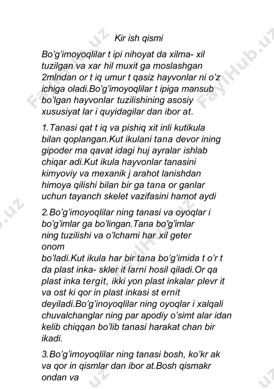 g ichki yuzasi xit indan ibor at «t ishcha» larga egadir . xelit ser alar yor damida chayon ovqat maydalaydi. keyin zahar bezlar i ishlab chiqar iladigan zahar suyuqligi ta’sir ida chala suyuq holat ga aylantirilgan ovqat ni so‘r ib ovqat lanadi. boshko‘kr ak qismining ikkinchi j uft o‘simt asi bu pedipalpalar dir (paypaslagich oyoq). ular ning har bir i 6 ta bo‘g‘imdan tashqil t opgan, keyingi ikki bo‘g‘imi haqiqiy qisqichni hosil qiladi. pedipalpalar asosan sezish vazifasini baj aradi, lekin ular ovqat ni (hashar ot larni) tutish va ushlab og‘izga olib kelishda isht ir ok etadi (51- rasm). chayonning yurish oyoqlar i 4 j uft. 51- rasm. chayon (but chus eupeus) ning or qa va qor in t omonidan ko‘r inishi. 1- bosh ko‘kr ak qismi; 2- xelit ser a; 3- pedipalpa; 4- yurish oyoqlar i; 5- telson; 6- nayza; 7- i - vi i - oldingi qor in segment …