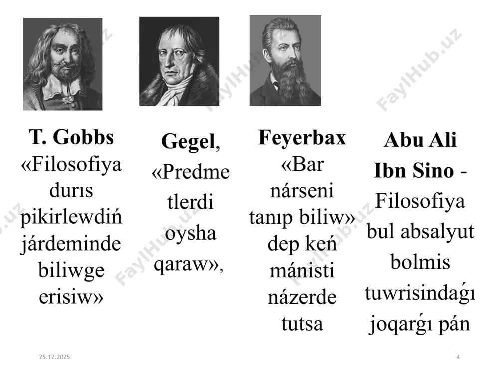 māsele māsele māsele adam dūnya dúnyaǵa kózqaras - bul adamnıń dúnyada tutqan ornı, onıń bul dúnyaǵa qatnası, adamnıń dúnya haqqında ulıwmalasqan qaraslarınıń (pikirleriniń), tastıyıqlawlarınıń, keypiyatlarınıń, keshirmeleriniń sisteması. dúnyaǵa kózqaras ādep-ikramlılıq zatlıq seziwlik racionallıq dúnyaǵa kỏz-qarastıń tariyxıy tipleri ańızlıq filosofiyalıq diniy antromorfliq dskreptivlik sinkretizm magiya ilahiy ku’shlerge isenim dunyanin’ o’mr su’riwin ekinshi bir reallqtin’ bar ekenligine isendiriw arqali tu’sindiriw racionalliq sistemaliliq teoriyaliq daliyllewlerge tiykarlanadi phileo – jaqsi ko’remen sophiya - danishpanliq пифагор (b.sh.vi a’.) платон (b.e.sh. 428/427-348/347) сократ (b.e.sh. 469-399) 23 28.02.2024 баймурзаев азамат predmeti - eń ulıwmalıq nızamlıqlar filosofiya adam – dúnya sistemasınıń eń ulıwmalıq nızamların úyreniwshi pán filosofiyanıń úyreniw obekti - dúnya tábiyattıń, jámiyettiń hám adam oylawınıń eń ulıwmalıq nızamların úyreniwshi pán filosofiyanıń bas máselesi oylawdıń bolmısqa qatnası máselesi qaysısı birlemshi? dúnyanı biliw múmkinbe? plyuralizm agnostikler dualizm gnostikler materializm monizm idealizm plyuralizm materializm idealizm filosofiyanıń atqaratuǵın funkciyaları dúnyaǵa kỏz-qaraslıq funkciya metodologiyalıq funkciya !ййемги шы2ыста2ы диний-философиялы3 к5з-3араслар. !ййемги грек философиясы. …