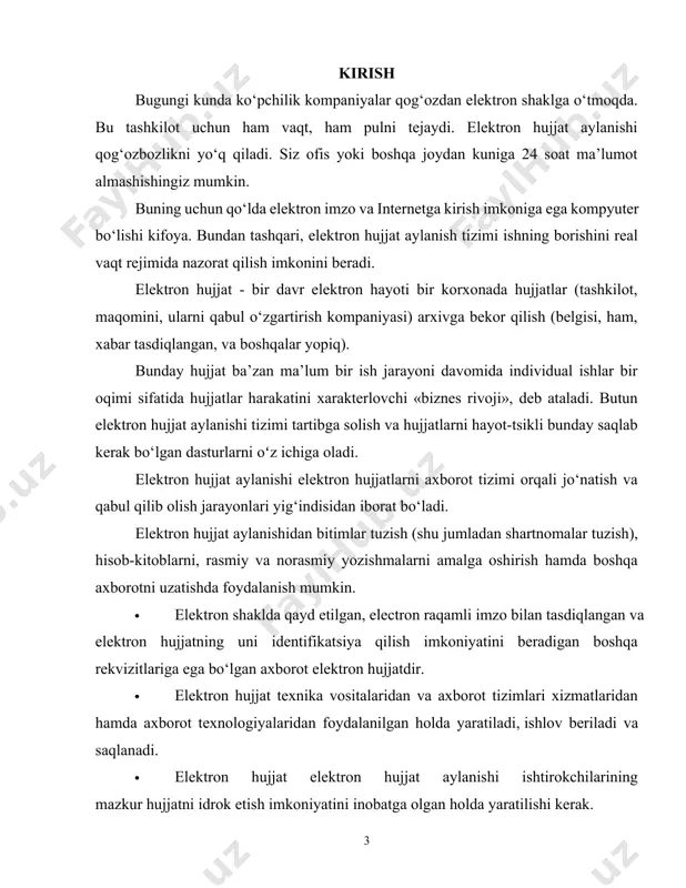 ar va hujjatlarni saqlash uchun boshqa qurilmalar egallagan qimmatbaho kvadrat metr bo‘shatilishi mumkin. axborotning holati va dolzarbligiga qarab, hujjatlar va fayllar saqlash muddati tugaganidan keyin xavfsiz ravishda yo‘q qilinishi mumkin. ma’lumotni boshqarish nafaqat har bir fayl va tegishli hujjatlarning shaxsiy tarixini saqlash: eri mijozlar va etkazib beruvchilar bilan munosabatlarni markaziy ravishda boshqarish imkoniyatini beradi. masalan, sichqonchani bir marta bosish bilan tashkilot va tashqi sub’ektlar o‘rtasidagi munosabatlarning har xil turlari bilan bog‘liq talablarni o‘z ichiga olgan barcha kerakli hujjatlarni olib kelish uchun etarli. xodimlarning joylashishiga nisbatan ko‘proq moslashuvchanlik: elektron kirish va aloqa tufayli xodimlar masofadan turib ishlash imkoniyatiga ega. va hatto bir xil jug‘rofiy joyda bo‘lishiga qaramay, xodimlar qo‘shni ofisdan fayllarning qog‘oz nusxalarini yuborguncha kutishga majbur bo‘lmaydi.[footnoteref:1] [1: 3.azamovich, choriyev hamid. "elektron hujjat aylanishi." ўзбекистон республикаси коммуникацияларини р муҳаммад тошкент ахборот: 135.] bosib chiqarish, pochta, konvert va pochta xarajatlari qisqartirildi: bo‘limlar yoki etkazib beruvchilar o‘rtasida yuborilgan qog‘oz hujjatlari elektron shaklda yuborilishi …