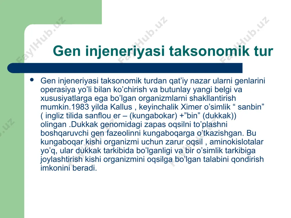 1960 yilda fransuz biologi j.jarskiy va boshqalar kalamush to’qimalarini sun’iy muhitda o’stirishdi. bunda ikki liniyalardan olingan to’qimalar sun’iy muhitda o’stirilib duragaylandi va uchinchi tip to’qima hosil qilishdi. somatik to’qimalarni duragaylash texnikasini yaponiyalik i.okada va angliyalik g.xarrislar ishlab chiqishdi. ular duragaylash uchun “ senday ” virusidan foydalanishni tavsiya etgan.bu virus ikki to’qimani qo’shilib ketishini ta’minlaydi.virusni (senday) ni ultrabinafsha nur bilan rnk siga ta’sir qiladi va oqsilli qobig’i saqlanib qolinadi. bunda ta’sir qilishda virusning infeksion xususiyati yo’qolib to’qimalarni qo’shish imkoniyati saqlanib qolinadi. somatik duragaylashda o’simliklarda protoplast tayyorlaniladi.to’qima membranasi maxsus ferment bilan buzilib olinadi va polietilen glikoliyen (peg) bilan ishlanib o’simlik to’qimasi qo’yiladi. bu usul bilan hozirda tamaki, soya, gorox, sabzi, geterokarionlar, paraseksual, duragay o’simlik xillari olingan. duragay to’qimalar in vitroda erkin ko’payadi va poya barg hosil qilgandan dastlabki formalari (ota-ona) formalari bilan payvand qilinadi. bunday o’simlik gullaydi , urug’ hosil qiladi. biotexnologiya – 1919 yil venger olimi karl eriki terminni ishlatgan. biotexnologiya …