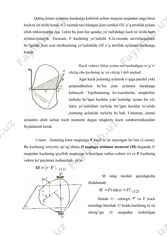 oz orasidagi burchak bilan belgilangan. binobarin, biror f kuchning o’qdagi ixtiyoriy nuqtaga nisbatan momentining shu o’qdagi proektsiyasi f ning mazkur o’qqa nisbatan momentini ifodalaydi.bir to’g’ri chiziqda yotmagan, bir-biriga teng, lekin qaramaqarshi yo’nalgan ikkita kuchning qattiq jismga ta’siri alohida ahamiyatga ega. bunday kuchlarni juft kuchlar yoki «juft» lar deb yuritiladi. 3-rasm juft kuchni tashkil etuvchi kuchlarning qoyilish nuqtalari ham, ta’sir chiziqlari ham umumiy bo’lmaganligi uchun ularni bitta teng ta’sir etuvchi kuch bilan almashtirib bo’lmaydi, albatta. juft kuch qattiq jismni ilgarilanma harakatga keltira olmaydi, lekin jismni massa markazidan o’tgan va kuchlar yotgan tekislikka perpendikulyar bo’lgan o’q atrofida aylantiradi. juft kuchning aylantiruvchi ta’siri juft kuch momenti deb ataladigan vektor bilan harakterlanadi: (14) juft kuch momenti (m) juft kuchni tashkil etuvchi kuchlar yotgan tekislikka perpendikulyar ravishda shundai yo’nalganki mazkur yo’nalish va jismning juft kuch ta’siridagi aylanishining yo’nalishi o’ng vint sistemasini tashkil etadi. juft kuch momentining moduli (15) ifoda yordamida, aniqlanishi mumkin. bundagi juft kuchni …