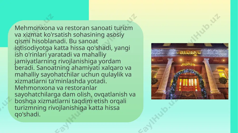 tiradi va atrof-muhitga zarar yetkazishni kamaytiradi. 8 xodimlarning sharoitlari adolatli ish haqi: xodimlarga adolatli va raqobatbardosh ish haqi to'lash, ularning motivatsiyasini oshiradi va sadoqatini ta'minlaydi. ish sharoitlarini yaxshilash: xodimlar uchun xavfsiz va sog'lom ish sharoitlarini ta'minlash, jumladan, ergonomik ish joylari, xavfsizlik uskunalari va sog'liqni saqlash dasturlari. kasbiy rivojlanish: xodimlar uchun o'quv dasturlari va kasbiy rivojlanish imkoniyatlarini taqdim etish, ularning malakasini oshirish va o'z ishlarida muvaffaqiyat qozonishlariga yordam beradi. xodimlarning farovonligi: xodimlarning farovonligini ta'minlash uchun sog'liqni saqlash, dam olish va sport dasturlari, shuningdek, stressni kamaytirish bo'yicha dasturlarni taqdim etish. 9 mahalliy jamiyat bilan hamkorlik mahalliy yetkazib beruvchilar: mahalliy yetkazib beruvchilar bilan hamkorlik qilish, mahalliy iqtisodiyotga hissa qo'shadi va transport xarajatlarini kamaytiradi. jamiyat loyihalari: mahalliy jamiyatlar bilan hamkorlikda ijtimoiy loyihalarni qo'llab-quvvatlash, masalan, maktablar, sog'liqni saqlash markazlari yoki ekologik loyihalar. mahalliy ishchilarni yollash: mahalliy aholini ish bilan ta'minlash, mahalliy iqtisodiyotga hissa qo'shadi va jamiyat bilan aloqalarni mustahkamlaydi. madaniy tadbirlar va festivallar: mahalliy madaniyat …