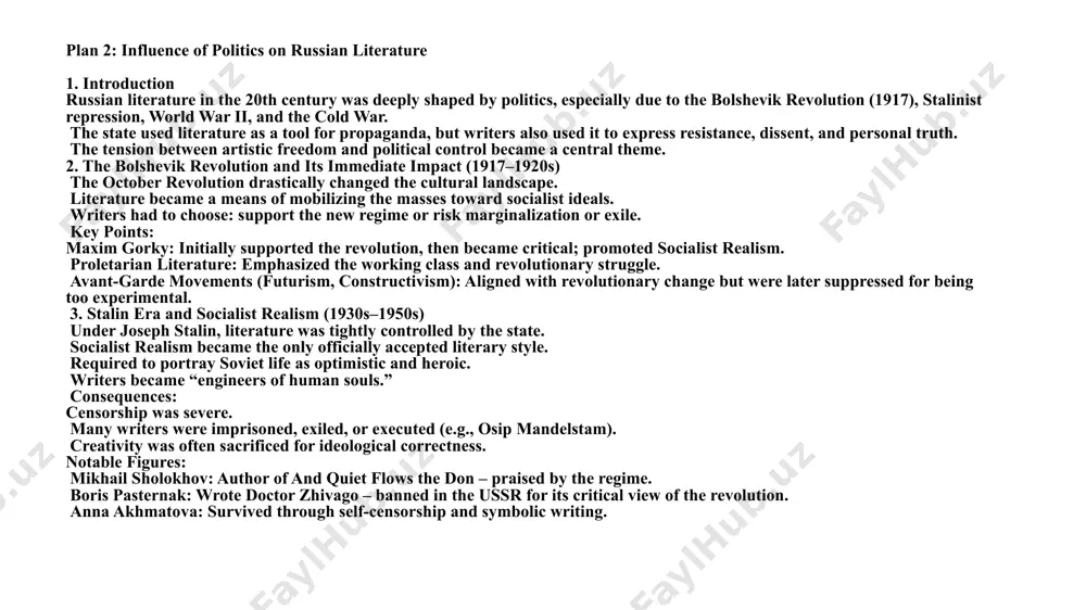 ntury f. aleksandr solzhenitsyn (1918–2008) famous works: one day in the life of ivan denisovich, the gulag archipelago theme: exposure of stalinist labor camps and moral courage. nobel prize: 1970 nobel prize in literature. legacy: voice of conscience in soviet literature; exiled in 1974, returned in 1994. g. joseph brodsky (1940–1996) genre: poetry and essays exile: arrested for “social parasitism,” expelled from the ussr in 1972. nobel prize: 1987 nobel prize in literature. legacy: one of the finest modern russian poets, known for his depth and philosophical insight. h. vladimir nabokov (1899–1977) languages: wrote in both russian and english famous works: lolita, pale fire, the gift themes: memory, exile, language, aesthetics. legacy: literary giant in both russian and world literature; celebrated for his stylistic brilliance. i. andrei platonov (1899–1951) genre: novels, short stories famous work: the foundation pit themes: absurdity of soviet utopianism, spiritual dislocation. legacy: neglected during his lifetime; …