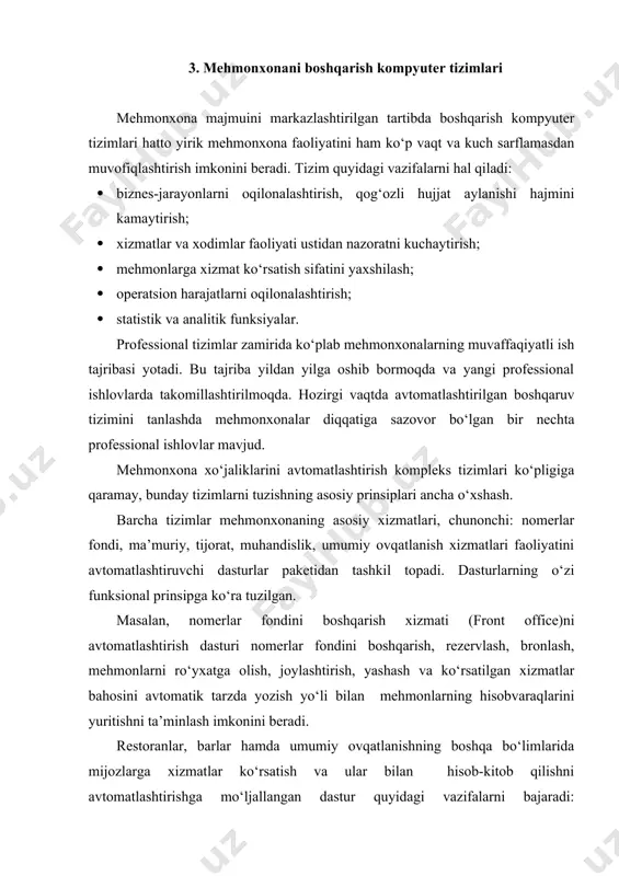 o‘p tarqalgan universal mahsul hisoblanadi. fidelio tizimi 100 dan ortiq yirik mehmonxona tarmoqlari (sheraton, hilton, marriot, kempinsky, hyatt va h.k.)da o‘rnatilgan. mdh va boltiqbo‘yi mamlakatlari hududidagi 90 dan ortiq mehmonxonalar ham o‘z faoliyatida mana shu texnologiyalardan foydalanadi. fidelio tizimi mehmonxona ishining nomerlarni kompyuterda rezervlashtirish, mehmonlarni ro‘yxatga olish, joylashtirish va ro‘yxatdan chiqarishdan nomerlar fondini boshqarish, buxgalteriya va moliya ishlarini yuritishgacha bo‘lgan barcha bosqichlarini qo‘llab-quvvatlaydi. tizim muomalada juda sodda bo‘lib, biron-bir alohida shaxsiy kompyuterlarni taqozo etmaydi va har qanday kattalikdagi mehmonxonalarda foydalanish uchun mosdir. kompleks funksional jihatdan bir nechta modulga ajratilgan: bronlashtirish, nomerlar fondini boshqarish bloki, tariflarni boshqarish (ko‘rib chiqish, o‘zgartirish, oqilonalashtirish), xizmatlarni paketlashtirish (konfiguratsiya, realizatsiya, kuzatish, xizmatlar ko‘rsatish, hisob-kitob qilish va sh.k.), mehmonlarni ro‘yxatga olish va ro‘yxatdan chiqarish, hisobotlar tayyorlash va sh.k. bronlashtirish moduli 20 dan ortiq har xil vazifalarni bajarish, chunonchi: xonalarning mavjudligi haqidagi axborotni ko‘zdan kechirish, mijozlarning ma’lumotlar bazasini yuritish, har qanday toifaga mansub mehmonlar uchun nomerlarni bronlashtirish, hisob …