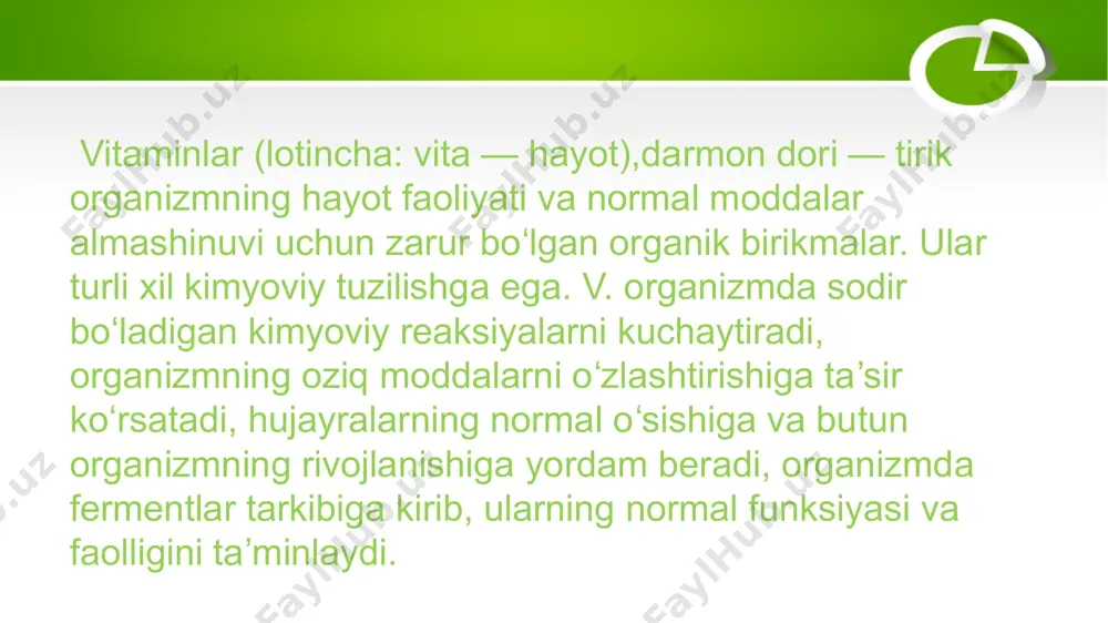 edit master title style click to edit master text styles second level third level fourth level fifth level click to edit master title style click to edit master text styles second level third level fourth level fifth level click to edit master title style click to edit master text styles second level third level fourth level fifth level fakultet: davolash ishi 1 guruh: 111-b bajardi: nurullayeva muxlisa tekshirdi: usmonov hojiakbar mavzu: avitaminoz va gipovitaminoz reja: 1. vitaminlar va uning ahamiyati 2. avitaminoz 3. gipovitaminoz vitaminlar (lotincha: vita — hayot),darmon dori — tirik organizmning hayot faoliyati va normal moddalar almashinuvi uchun zarur boʻlgan organik birikmalar. ular turli xil kimyoviy tuzilishga ega. v. organizmda sodir boʻladigan kimyoviy reaksiyalarni kuchaytiradi, organizmning oziq moddalarni oʻzlashtirishiga taʼsir koʻrsatadi, hujayralarning normal oʻsishiga va butun organizmning rivojlanishiga yordam beradi, organizmda fermentlar tarkibiga kirib, ularning normal funksiyasi va faolligini taʼminlaydi. v itaminlar organizmda energiya almashinuvida (v,, v2 v.), …