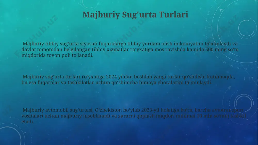 o'lgan muddatga rasmiylashtiriladi va barcha zarur hujjatlarni taqdim etish shart. majburiy sug'urta turlari bo'yicha sug'urta politiga qo'yiladigan talablar, masalan, avtomobil sug'urtasi uchun, transport vositasining texnik pasportining nusxasi va haydovchining guvohnoma nusxasini taqdim etishni o'z ichiga oladi. sug'urta bozorida mavjud muammolar va kamchiliklar aholining sug'urta madaniyati pastligi va sug'urta mahsulotlari haqida yetarlicha xabardor emasligi tufayli, sug'urta bozorining rivojlanishi sekinlashadi. sug'urta to'lovlarini kechiktirib to'lash holatlari va qonunchilikdagi ba'zi noaniqliklar investitsiyalarni qisqartiradi va ishonchni pasaytiradi. sug'urta kompaniyalarining 70% dan ortig'i kichik va o'rta biznesga tegishli bo'lib, ularning moliyaviy barqarorligi va texnologik jihozlanishi yetarli emas. sug'urta kompaniyalari va ularning reytingi o'zbekistondagi yirik sug'urta kompaniyalarining aktsiyadorlik kapitali 100 million so'mdan ortiq bo'lib, ularning bozor ulushi 70%dan yuqorini tashkil etadi. sug'urta kompaniyalarining moliyaviy barqarorligini baholashda, ularning sof aktivlari va kapital etishmovchiligi koeffitsientlari muhim rol o'ynaydi, bu ko'rsatkichlar 2023 yil yakunlari bo'yicha tahlil qilingan. mustaqil reyting agentliklari tomonidan beriladigan sug'urta kompaniyalarining kredit reytingi, ularning investitsiyaviy jozibadorligini va …