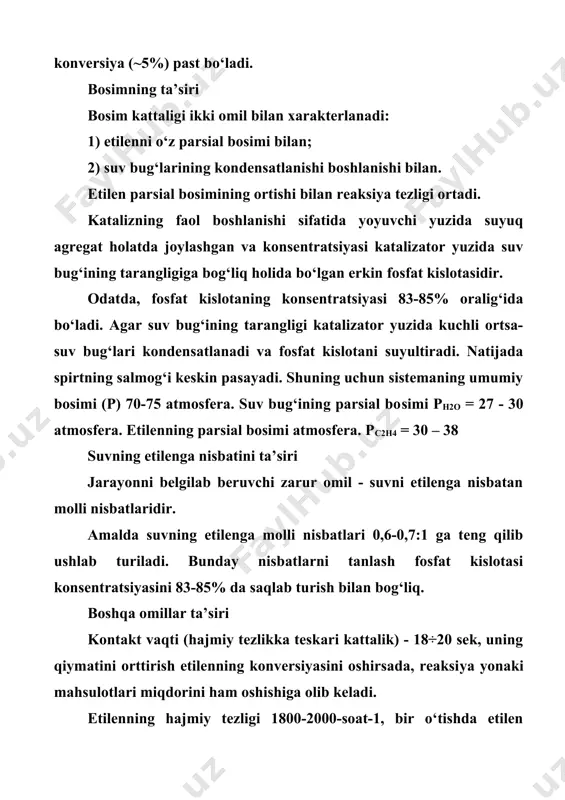or sifatida silikagelda w2o3(15-20%) ishlatiladi. usulning afzalliklari: katalizator apparaturani korroziyaga uchratmaydi; suvni bug‘latishga va suv bug‘ini o‘ta qizdirishga katta miqdorda issiqlik sarfi talab qilinmaydi. katalizator bug‘ fazadagi gidratatsiya uchun yaroqsizdir, chunki bu sharoitda u kam faoldir. usulning kamchiligi - katalizator narxining yuqoriligidan iborat. etilenni to‘g‘ridan to‘g‘ri gidratatsiya qilib etil spirti olish texnologiyasi 10-chizmada etilenni to‘g‘ridan to‘g‘ri gidrotatsiya qilib, etil spir​ti ishlab chiqarish prinsipial texnologik sxemasi keltirilgan. 10-chizma. etilenni to‘g‘ridan to‘g‘ri gidratatsiyalab, etil spirti ishlab chiqarish prinsipial texnologik sxemasi. gazni ajratish sexidan kelayotgan etilen 70 atmosfera bosimi ostigacha siqiladi, sirkulatsion gaz bilan aralashtirilib va bug‘ kondensati bilan birga 1,2-issiqlik almashtirgichga yuboriladi. neytrallanish mahsulotlari issiqligi hisobiga aralashma 200°c gacha isiydi. keyin bug‘-gaz aralashmasi 3-pechda 280-290°c gacha isitiladi va 4-gidratatorga keladi. bunda u katalizator qavati orqali yuqoridan pastga tomon o‘tadi. gidratatordan chiqishda bug‘-gaz aralashmasi (olib ketilgan h3p04, spirt, etilen, suv) naoh bilan neytrallanadi. natriy tuzlari 5-tuz ajratkichda ajratiladi, bug‘-gaz aralashmasi esa 1,2-issiqlik almashtirgichda …