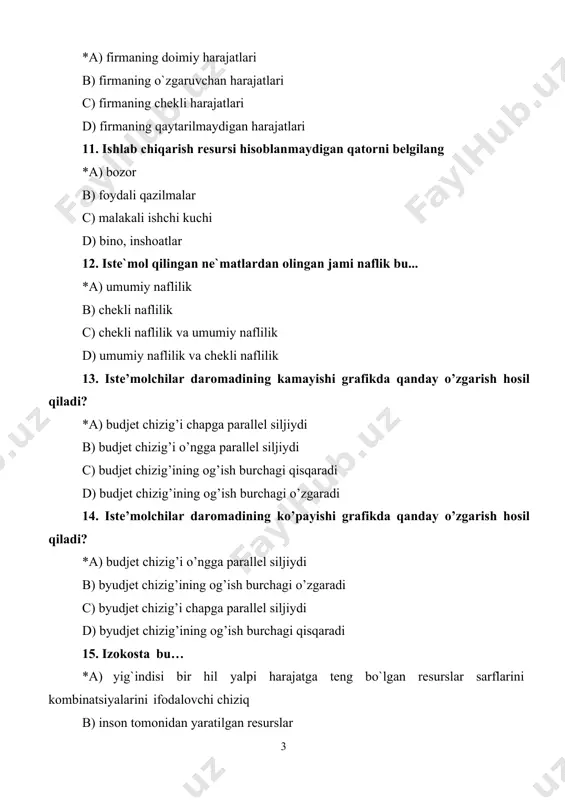 sotilishini ta`minlovchi egri chiziq c) vaqt birligi ichida korxonaning yordamchi bo`limlarida ishlab chiqariladigan maxsulot hajmi teng miqdorda bo`lishi d) o‘rnini bosuvchi resurslar narxi 18. izоkvаntа nimаni аnglаtаdi? *a) bir хil hajmdа mаhsulоt ishlаb chiqаrishni tа’minlоvchi оmillаr kоlmbinаtsiyasini b) yalpi egri ishlаb chiqаrish hajmini c) bеrilgаn rеsurslаr hajmidа turlichа ishlаb chiqаrish hajmlаrini d) o’rtаchа xarajatni 19. kapital (kapital resurslari) bu… *a) inson tomonidan yaratilgan ishlab chiqarish resurslari (binolar, inshootlar, mashina va mexanizmlar) b) insonning mehnat qilishga qaratilgan jismoniy va aqliy qobiliyatidir c) tovarlarni ishlab chiqarish va xizmat ishlarini bajarishda ishlatiladigan tabiiy ne’matdir d) aktsiya, obligatsiyalar 20. korporatsiya deganda… *a) paychilikka asoslangan jamiyat bo`lib, har bir mulk egasining mas`uliyati ushbu korxonaga qo`shgan hissasi bilan cheklangan b) ishlab chiqarish resurslari egalarining qarorlarini va manfaatlarini muvofiqlashtiruvchi institutsional tuzilma hisoblanadi c) boshqaruvchi shahs d) foyda olish maqsadida harakat qilmaydigan kasaba uyushmalari 21. kurno modeli qaysi bozordagi munosabatlarni tahlil qiladi? *a) duopoliya b) golland auksioni c) …