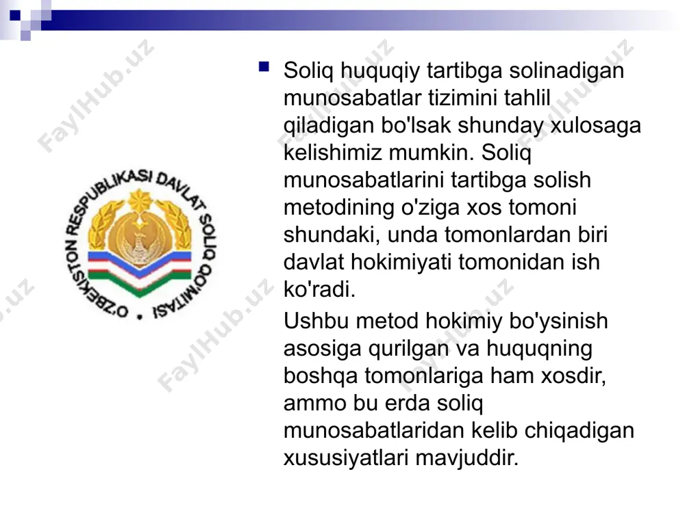 odeksi. – toshkent: adolat, 2020. o‘zbekiston respublikasi konstitutsiyasi. – toshkent: o‘zbekiston, 2021. axmedov sh.sh., jo‘rayev a. soliq nazariyasi. – toshkent: iqtisod-moliya, 2019. xodjayev b.h. soliqlar va soliqqa tortish. – toshkent: moliya, 2020. ibragimov a.a. davlat moliyasi va soliqlar. – toshkent: universitet, 2018. image2.png image3.png image4.jpeg image5.jpeg image6.jpeg image7.jpeg image8.jpeg image9.jpeg image10.jpeg image11.jpeg image12.jpeg image13.jpeg /docprops/thumbnail.jpeg