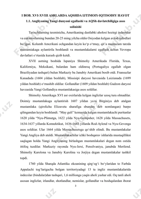 ngi angliya deb ataldi. mustamlakachilar ichki boshqaruv ishlarida mustaqillikni saqlagan holda yangi angliyaning birlashgan mustamlakalari degan nom ostida ittifoq tuzdilar. markaziy rayonda nyu-jersi, pensilvaniya, janubda merilend. shimoliy karolona va janubiy karolina va jorjiya degan mustamlakalar tashkil topdi. 1760 yilda sharqda atlantika okeanining qirg‘og‘i bo‘ylaridan to farbda appalachi tog‘larigacha bolgan territoriyadagi 13 ta ingliz mustamlakalarida indecslar (bindular)dan tashqari, 1,6 millionga yaqin aholi yashar edi. oq tanli aholi asosan inglizlar, irlandlar, shotlandlar, nemislar, gollandlar va boshqalardan iborat edi. aholining soni tez o‘sib, 1775 yilda 2,6 million kishiga etdi. amerikada ingliz mustamlakalarini xo‘jaligiga ko‘ra 3 ta guruhga ajratish mumkin edi. yangi angliya, deb atalgan shimoliy mustamlakalarda asosan fermer va ijara qishliq xo‘jaligi, qisman hunarmandchilik va manufaktura sanoati taraqqiy etdi. shimoliy mustamlakalarning markazi boston shahri edi. o‘rta mustamlakalar rayoni g‘alla xo‘jaligiga moslashtirilgan bo” lib, unda yirik kapitalistik fermerlar mavjud edi. pensilvaniya, nyu-jersi va nyu-york rayonlarida g‘allachilik fermalari bilan birga sanoat korxonalari va savdo rivoj …