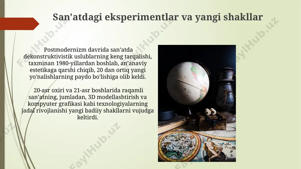 stmodern adabiyotda intertekstuallik, ya’ni turli adabiy asarlarga, madaniy kodlarga havolalar orqali yangi ma’no yaratish usuli ustunlik qiladi. postmodern adabiyotda metafiksiya keng qo‘llanilib, 2-3 qatlamli syujetlar, haqiqat va xayol chegaralarining noaniqligi kuzatiladi. xxi asr boshlarida vizual san'atning rivojlanishi xxi asr boshlarida raqamli texnologiyalar (masalan, photoshop, 3d modellashtirish) vizual san'atning yangi uslublari va imkoniyatlarini, jumladan, fotorealizm va raqamli kollajlarning keng tarqalishini keltirib chiqardi. 2000-yillarning boshlarida, postmodernizmning ta'siri ostida, vizual san'atda konceptualizm, instalasyon san'ati va performans art kabi ko'p tarmoqli loyihalar ustunlik qildi. fan, adabiyot va san'at o'rtasidagi munosabatlar 20-asr oxiri va 21-asr boshlarida fanning taraqqiyoti adabiyot va san'atda yangi janrlarning, masalan, kiberpunk va spekulativ fantastika kabi, paydo bo‘lishiga turtki bo‘ldi. 1990-yillardan boshlab raqamli texnologiyalarning rivojlanishi san'at va adabiyotga yangi vositalar (masalan, 3d modellashtirish, virtual reallik) taqdim etib, ularning o'zaro ta'sirini kuchaytirdi. e'tiboringiz uchun rahmat @taqdimot_robot image1.jpg image2.jpg image3.jpg image4.jpg image5.jpg image6.jpg image7.jpg image8.jpg image9.jpg image10.jpg image11.jpg