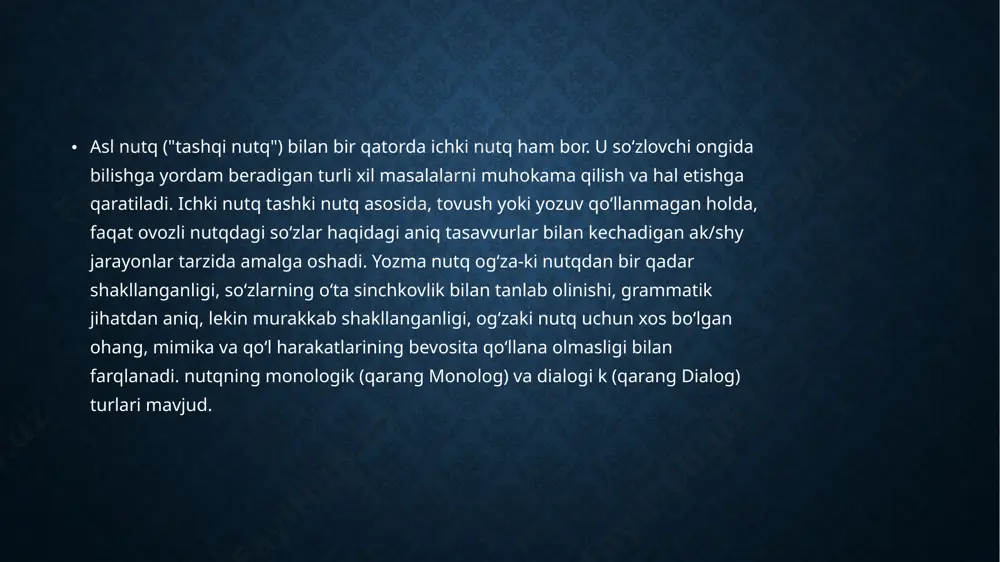 ish uslubi asosan atrofimizdagi odamlar bilan to'g'ridan-to'g'ri muloqot qilish uchun xizmat qiladi. u nutqning soddaligi va tayyorgarliksizligi bilan ajralib turadi. ko'pincha so'zma-so'z so'zlar (yangi turmush qurganlarning o'rniga yosh, boshlash o'rniga boshlash, hozir hozir o'rniga hozir va hokazo), majoziy ma'noda so'zlar ishlatiladi (oyna - "sindirish" degan ma'noni anglatadi). so'zlashuv uslubidagi so'zlar nafaqat ob'ektlar, harakatlar, alomatlar nomini aytibgina qolmay, balki ularning bahosini ham o'z ichiga oladi: yaxshi bolalar, dodger, beparvo, yudumli, aqlli, quvnoq. so'zlashuv uslubi sintaksisi oddiy jumlalarni qo'llash bilan tavsiflanadi. unda to'liq bo'lmagan to'liq jumlalar mavjud, chunki og'zaki nutq ko'pincha dialogdir. san'at uslubi u san'at asarlarida rasm chizishda, ob'ekt yoki hodisani tasvirlashda va muallifning his-tuyg'ularini o'quvchilarga etkazishda ishlatiladi. badiiy uslubning ifodalari tasvirlar, vizualizatsiya va hissiyotlilik bilan ajralib turadi. odatda uslubiy lingvistik vositalar tarkibiga ma'lum ma'noga ega so'zlar, majoziy ma'noda ishlatiladigan so'zlar, hissiy jihatdan baho beradigan so'zlar, belgi, ob'ekt yoki harakatlar ma'nosidagi so'zlar, taqqoslash, taqqoslash ma'nosidagi so'zlar kiradi; za prefiksi bilan shakl …