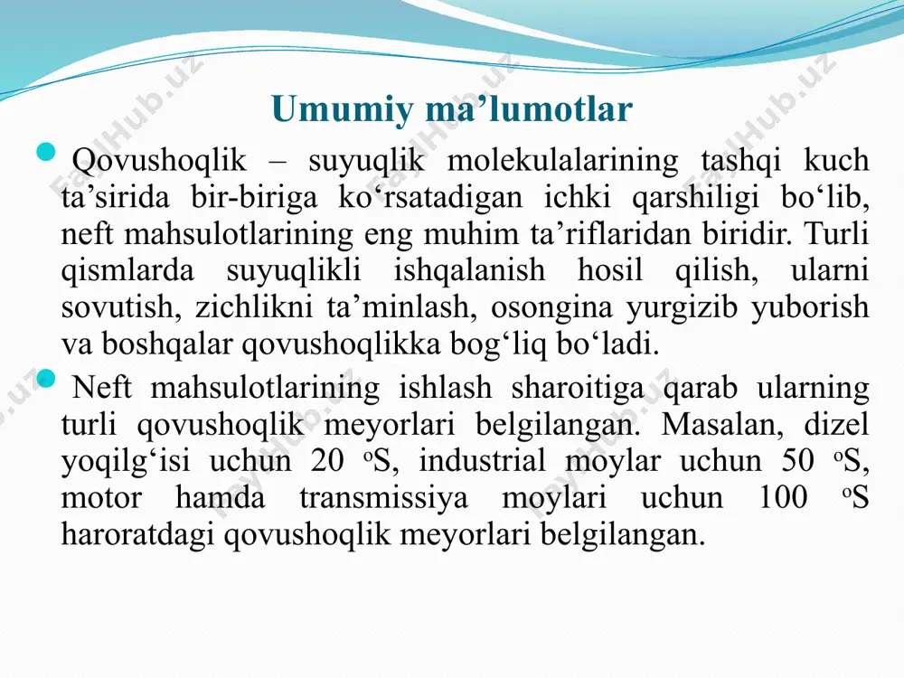 . asbob tо‘ntarilib tirsak 1 neft mahsulotiga tushiriladi va sо‘rg‘ich sekin qо‘yib yuboriladi. bunda idishdagi neft mahsuloti tirsak 1 orqali sо‘rila boshlaydi. 6- rasm. viskozimetrni tо‘ldirish 1 va 2 – tirsaklar; 3- trubka; 4 – kengayish; m1 va m2 – belgi (metka)lar. neft maxsulotining sathi asbobning m2 belgisiga kelganda sо‘rish tо‘xtatilib, viskozimetr idishdan chiqarib olinadi. trubka 3 dan esa shlang olib tashlanadi. neft mahsuloti bilan tо‘ldirilgan viskozimetr 6-rasmda kо‘rsatilgan holda shtativga о‘rnatib, suyuqlik tо‘ldirilgan idishga joylashtiriladi. shlang chiqarish teshigi 5 dan olinib 3 trubkaga kiydiriladi. idishdagi suyuqlik harorati standartda kо‘rsatilgan haroratgacha qizdirilib, shu holda neft mahsuloti tо‘ldirilgan qovushoqlik ulchash asbobi 15 min turishi lozim. sо‘ngra shlang 8 orqali asbob yuqorgi sharsimon kengayishining 1/3 qismigacha neft mahsuloti sо‘rab olinadi va quyib yuboriladi. ayrim neft maxsulotlarining kinematik kovushokligi neft mahsuloti markasi kinematik qovushoqligi, sst dizel yoqilg‘isi motor moyi industrial moyi transmissiya moyi l-0,2-40 z-0,2-45 a-0,4 m-8v1, m-8v2 m-8g1, m-8g2 m-10v1, m-10v2, m-10g1, …