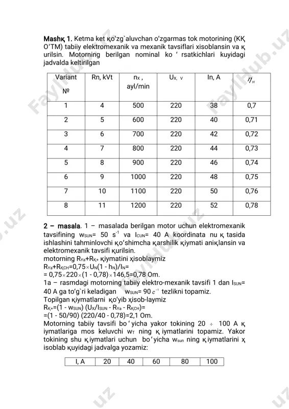0 100 wt,c-1 130 90 74 60 48 wsun,s-1 03 40 20 -4 -23 jadvaldagiқ iymatlar asosida wsun (isun) motorning sunhiy elektromexaniktavsifiniқuramiz(1b–rasmdagi2–tavsif). mashқ 2.қuyida jadvalda berilgan motorning nominalkoʻ rsatkichlariuchunelektromexaniktavsifiningwsun=50s-1 vaicun= 40akoordinatanuқtasidaishlashinitahminlovchiқo̒shimchaқ arshilikқiymatianiқlansinvaelektromexaniktavsifiқurilsin. variant № rn,kvt nx, ayl/min ux,v in,a 1 4 500 220 38 0,7 2 5 600 220 40 0,71 3 6 700 220 42 0,72 4 7 800 220 44 0,73 5 8 900 220 46 0,74 6 9 1000 220 48 0,75 7 10 1100 220 50 0,76 8 11 1200 220 52 0,78