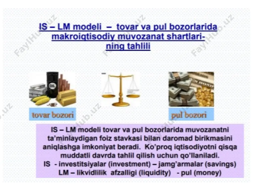 fidan yuqori bo'ladi. shuning uchun, lm egri chizig'idan past bo'lgan barcha nuqtalarda pulga ortiqcha talab mavjud (excess demand for money – esm). 20 20 20 20 20 lm egri chizig'ining qiyaligi. lm egri chizig'ining qiyaligi (k/h) - koeffitsientiga teng va ikkita parametrga bog'liq: 1) pulga bo'lgan talabning daromad darajasiga (k) sezgirligi va 2) pulga bo'lgan talabning foiz stavkasiga (h) sezgirligi. h ning pasayishi lm egri chizig'ining qiyaligini oshiradi (u tikroq bo'ladi) va h = 0 da egri vertikal bo'ladi. h o'sishi bilan lm egri chizig'i yumshoqroq bo'ladi. k ning pasayishi bilan lm egri chizig'i yumshoqroq bo'ladi va u kattalashganda tikroq bo'ladi. shunday qilib, lm egri chizig'i yumshoqroq bo'ladi, agar : foiz stavkasining (h) o'zgarishiga pulga bo'lgan talabning sezgirligi katta (pulga bo'lgan talab foiz stavkasining o'zgarishiga sezgir). bu shuni anglatadiki, foiz stavkasining ozgina o'zgarishi ham pulga bo'lgan talabning sezilarli o'zgarishiga olib keladi; pulga bo'lgan talabning daromad o'zgarishiga sezgirligi (k) past (pulga …