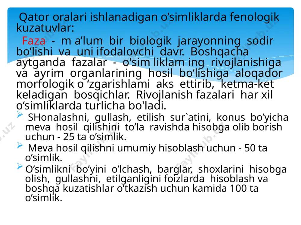 shlaydi. o'simlikning o'sishi gullash boshlanganda to’xtaydi. bu davr ham 20-25 kun davom etadi. boshoqlanish - nay o'rash davrida boshlanadi. davrning boshlanishi yuqorigi barg qinidan gul tuplamning yarmi ko'rinishi bilan qayd qilinadi. boshoqning to'g'ri shakllanishi, rivojlanishi tuplanish va nay o'rash davridagi oziqlantirishga bog'liq, azot bilanfosforni nisbati to'g'ri bo'lishi lozim. bu davr o'rtacha sutkalik harorat 12,2-14,5°c vao'rtacha sutkalik harorat yig'indisi 625-769°c bo'lganda 10-15 kun davom etadi. gullash - odatda boshoq tortgandan keyin gullash boshlanadi, o'rtacha 2-3 kun farq bilan. gul qipig’ini ochilishi va ularning tashqarisidan changdonlaming paydo bo’lishi. gul qipig'i - boshoqli 0‘simliklarning har bir guli urug‘chi va changchilardan hamda ularni o‘rab turgan ustki va ostki ikkita qipiqchadan iborat bo’ladi. gullash davridan don ekinlari yorug'likka, haroratga, namlikka talabchan bo'ladi. bu davr 10-15 kun davom etadi pishish. don ekinlaridan mevaning pishishini n.n.kuleshov uch davrga bo’ladi: donning shakllanishi, donning to'lishi va pishishi. donning shakllanishi gul changlangandan keyin boshlanadi. bu davrda 1000 ta don vazni …