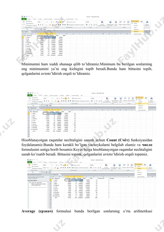 imkon beradi. (4.32- rasm). agar diagramma ma’lumotlar bazasi ko‘rinishidagi axborotlar asosida yaratilayotgan bo‘lsa, unda keyingi bosqichda ishlatiladigan barcha axborotlar kerakli katakchalarga avtomatik ravishda kiritiladi. bundan keyin diagrammaning turli qismlarining bezatilish o‘lchamlari tanlanadi. оxirgi bosqichida tayyor diagrammani joylashtirish uchun ish varaq (joriy varaq yoki alohida diagramma varag‘i) tanlanadi. «готово» tugmasi bosilgandan keyin diagramma yaratiladi. yaratilgan diagrammani formula sifatida ham qurish mumkin. agar diagrammani qurishda ishlatilgan ma’lumotlarga o‘zgartirishlar kiritilsa, diagramma ham o‘zgaradi. tayyor diagramma, tanlash va o‘zgartirish mumkin bo‘lgan, qator elementlardan iborat. tanlangan element markerlar yordamida belgilanadi. markerda sichqonchaning o‘ng tugmasini bosib, kontekst menyuda «формат» punkti tanlanadi va ochilgan «формат» muloqot oynasi yordamida diagramma elementining mazmunini va bezatilishini o‘zgartirish mumkin bo‘ladi. image5.png image6.png image7.png image8.png image9.png image10.png image11.png image12.png image13.emf image1.png image2.png image3.png image4.png kutubxonadagi kitoblar 2000 2500 2000 2020 3000 20002000 15001500 2000 0 500 1000 1500 2000 2500 3000 3500 informatikamatematikafizikakimyohamshiralik ishi akusherlik ishi ingliz tilirus tilibiologiyaanatomiya ряд1