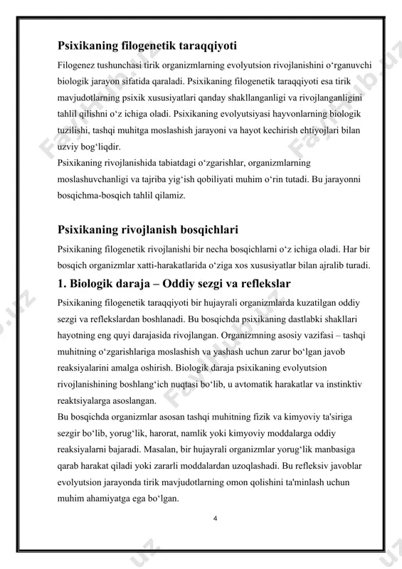 adi, balki unga javoban murakkabroq xatti-harakatlarni amalga oshira oladi. neyrofiziologik darajadagi asosiy o‘ziga xoslik – bu organizmning o‘rganish qobiliyatining paydo bo‘lishi va xotiraning shakllanishidir. bu jarayon hayvonlarning yashash sharoitlariga moslashishini yanada samaraliroq qiladi. nerv tizimining paydo bo‘lishi organizmlarning hayot faoliyatini yangi bosqichga olib chiqdi. dastlabki shakldagi nerv hujayralari (neyronlar) va ularning bir-biri bilan aloqasi orqali organizmlar tashqi stimullarga nisbatan tezroq va moslashuvchanroq javob bera boshladi. bu reflekslar murakkablashib, shartli reflekslar va o‘rganish jarayoniga asos soldi. misol uchun, ba’zi ko‘p hujayrali organizmlar tajriba orqali muayyan harakatlarning foydaliligini aniqlab, keyinchalik bu harakatlarni takrorlaydi. neyrofiziologik darajaning asosiy yutuqlaridan biri shartli reflekslarning paydo bo‘lishidir. shartli reflekslar tashqi muhitdagi yangi signallar va ularning ahamiyatini tushunish orqali shakllanadi. bu esa organizmga o‘z tajribasi asosida yangi xatti-harakatlarni o‘rganish imkoniyatini beradi. masalan, pavlovning tajribasida itlar ovqat bilan bog‘liq bo‘lgan qo‘ng‘iroq ovoziga shartli refleks shakllantirib, ovozni ovqatlanish bilan bog‘lay boshlaydi. bu hodisa hayvonlar psixikasining rivojlanishida muhim bosqichni anglatadi. nerv …