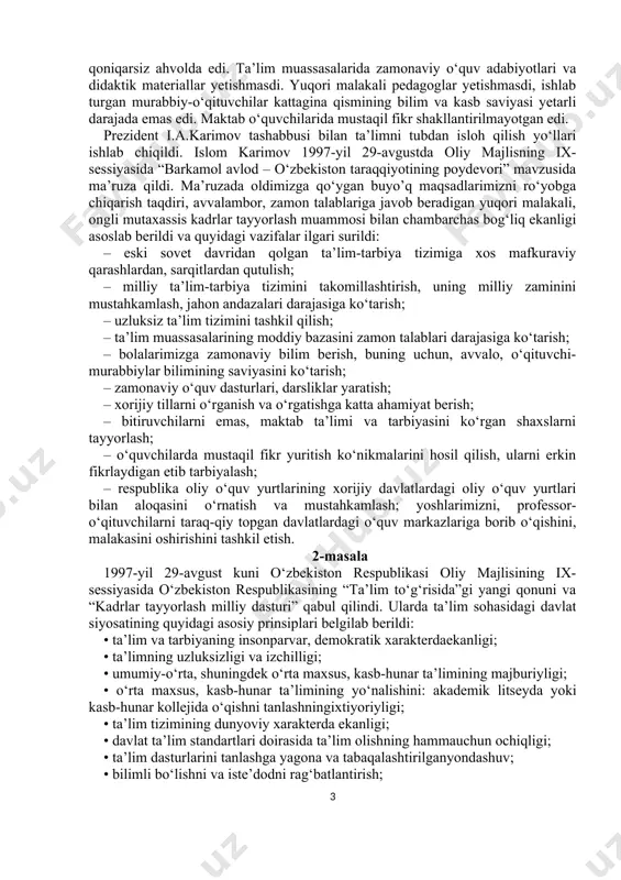 arda yirik universitetlarning filiallari tashkil etildi. 1997-yil boshlarida respublika oliy ta’lim tizimida 58 ta oliy o‘quv yurti, shu jumladan, 16 ta universitet va 42 ta institut faoliyat ko‘rsatdi. ularda 164 ming talaba o‘qidi, 18,5 ming professor-o‘qituvchi faoliyat ko‘rsatdi; • abituriyentlar va talabalarning bilim darajasini test va reyting asosida baholashning ilg‘or usullari joriy etildi; • oliy malakali ilmiy va ilmiy-pedagog kadrlar sifatiga bo‘lgan talablarning oshgani bois aspirantura va doktoranturada kadrlar tayyorlash kengaydi. oliy attestatsiya komissiyasi tashkil etildi; • iqtidorli bolalar va qizlarni izlab topish, ularga ko‘maklashish, ularning qobiliyati va iste’dodini o‘stirish bo‘yicha maxsus fondlar tashkil etildi, qobiliyatli yoshlarni chet ellardagi yetakchi o‘quv yurtlari va ilmiy markazlarda o‘qitish va stajirov-kadan o‘tkazish yo‘lga qo‘yildi; • iste’dodli yoshlarni moddiy va ma’naviy rag‘batlantirish, chet elda o‘qishini qo‘llab-quvvatlash maqsadida respublika bolalar fondi, “kamolot”, “sog‘lom avlod uchun”, “iste’dod”, “ulug‘bek” va “umid” jamg‘armalari tashkil etildi; • o‘zbekiston ta’lim sohasida aksels, ayreks, amerika kollejlari konsorsiumi, sare, tinchlik korpusi (aqsh), …