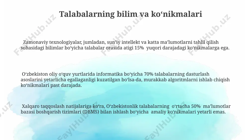 iga asoslangan taʼlimni qoʻllaydi, oʻzbekistonda esa nazariy bilimlarga urgʻu berilgan taʼlim tizimi ustunlik qiladi. oʻzbekiston taʼlim dasturlarida dasturlash tillarining (masalan, python, java) son jihatdan cheklanganligi xorijiy universitetlarning kengroq va chuqurroq dasturlash tillari repertuariga ega ekanligini koʻrsatadi. pedagogik texnologiyalar va uslublar xorijda keng qo'llaniladigan "inkorporativ o'qitish" metodi o'zbekistonda kam qo'llaniladi, bu esa 5-10% o'quv jarayonining samaradorligini pasaytirishi mumkin. o'zbekistondagi informatika ta'limi xorijdagiga nisbatan 20% kam amaliy mashg'ulotlarni o'z ichiga oladi, bu esa talabalarning dasturlash ko'nikmalarini rivojlantirishda muhim rol o'ynaydi. interfaol o'quv uslublari, masalan, "o'yinlashtirish" (gamification) yordamida 30% ga ko'proq talabalar informatikaga qiziqish bildirishlari kuzatilgan xorijdagi tajribalar asosida. oʻqituvchilarning malakasi oʻzbekiston informatika oʻqituvchilarining oʻrtacha tajriba darajasi 5 yildan kamni tashkil etadi, bu esa ilgʻor pedagogik va texnologik yondashuvlarni qoʻllashda qiyinchiliklar tugʻdiradi. xorijdagi ta’lim muassasalarida informatika oʻqituvchilari uchun yillik kamida 30 soatlik professional rivojlanish dasturlari mavjud boʻlib, ular yangi texnologiyalar va pedagogik uslublarni oʻz ichiga oladi. oʻzbekistondagi informatika oʻqituvchilarining 60% dan ortigʻi malaka …