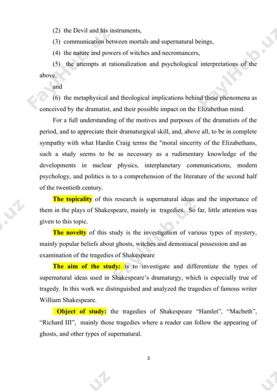 es where a reader can follow the appearing of ghosts, and other types of supernatural. subject of research: how the supernatural ideas made the tragedies more captive and absorbing, opening the ways for teachers and learners to investigate the other edges of shakespeare’s works. the structure of the work. the course paper consists of introduction, two chapters, conclusion and the list of used literature. chapter i. the pre-shakespearian ghost in elizabethan drama 1.1. the interest for supernatural. an examination of the supernatural theme in early elizabethan drama reveals its medieval antecedents. in the beginning, the dramatist's treatment of the subject is influenced and to a certain extent determined by the earlier tradition of the native religious drama. subsequently he was able to impose his individual method and original conception upon the inherited norm. when one examines the background for the supernatural theme in elizabethan drama the native and foreign strains …
