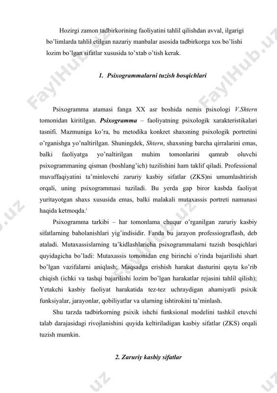 ifatlar (zks) orqali tuzish mumkin. 2. zaruriy kasbiy sifatlar zaruriy kasbiy sifatlar (zks) – tadbirkorning mustahkam individual-shaxsiy xususiyatlar shakllanishiga zarar ko’rsatmaydigan kasbiy faoliyatga, bilim, malaka va uquvlarni samarali o’zlashtirishga ta’sir ko’rsatuvchi sifatlar (psixik funksiyalar) majmudir (4.6-chizma). 16.3. psixik funksiyalarning turlari psixologiya fanida psixik funksiyalarning quyidagi asosiy turlari farqlanadi: sezgi organlari (ko’rish, eshitish, ta’m bilish, hid bilish) orqali amalga oshiriladigan qabul qilish harakatlari; xotiraga asoslanadigan mnemik harakatlar; tasavvurlar jarayoni (tizimi)ga asoslanadigan imajinitiv yoki obrazli harakatlar; tafakkur va fikrlashga asoslanuvchi (texnik, mantiqiy-so’zli, ijtimoiy) oddiy yoki murakkab mantiqiy obrazli harakatlar; kasbiy muloqotlar asosini tashkil qiluvchi interpersonal harakatlar; anglangan kasbiy xulq-atvorni nazorat qiluvchi harakatlar boshqaruvi va o’zini-o’zi boshqarish tanani (qo’l barmoqlari, oyoqlar, yuz ifodalari va b.) maqsadli boshqarishni asolaydigan psixomotor yoki kasbiy xatti-harakatlar. 3. zaruriy kasbiy sifatlarning baholanishi (3 ballik shkalada) 4.3-jadvalda bir qator soha mutaxassislari, jumladan, “diler-tashkilotchi”, “radio-apparaturalar tuzatuvchisi”, “gid-tarjimon”, “sartarosh-vizajist”, “dizayner-interyer” hamda “kiyimlar bo’yicha modelyer-konstruktor”ning zaruriy kasbiy sifatlari (zks) 3 ballik shkalada …