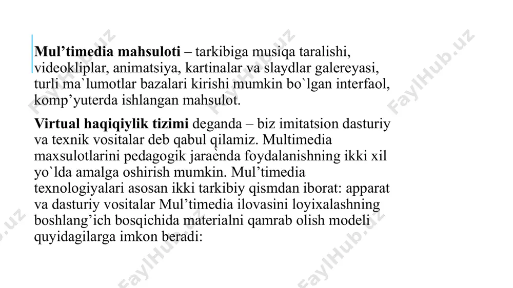 rning management systems); o ichki kontentni boshqaruv tizimlari cms (content management systems lms - ta`limni boshqarish tizimi - o`quv faoliyatini boshqarishning asos tizimi (ing. learning management system) bo`lib, onlayn-materiallarni yaratish, boshqarish va tarqatishni hamda birgalikda foydalnishni imkonini berishga hizmat quluvchi tizimdir. moodle - kurslarni boshqarish tizimi martin dougiamas tomonidan yaratilgan (ma`lumotlarni boshqarish tizimi), moodle - bu tizim (content management system - cms) saytining maxsulotini boshqaruvi, o`qituvchilarning onlayn-kurslarini tuzish qo`llanmalari va ishlash tizimi . moodle (modular object-oriented dynamic learning environment) jumlasining qisqarmasi bo`lib, modulli ob'ektga yo`naltirilgan dinamik o`quv muhiti ma`nosini bildiradi. moodle - web mu?itida o`qitish va on-line rejimdagi darslarni tashkil qiluvchи kuchli pedagogik dasturiy majmua hisoblanadi. tizimda mavjud o`qitish modullari: forums, materials, messenger, chat, exercises, group work , student tracking va ancha ko`p bo`lgan boshqa modullari mavjud. boshqa lms lar singari ims, scorm va boshqa standartlarni qo`llab quvvatlaydi. moodle dasturiy majmuasi hisoblanadi. moodle bo`yicha statistika(13.08.2013 gacha bo`lgan ma`lumotlar) ro`yihatdan o`tgan …