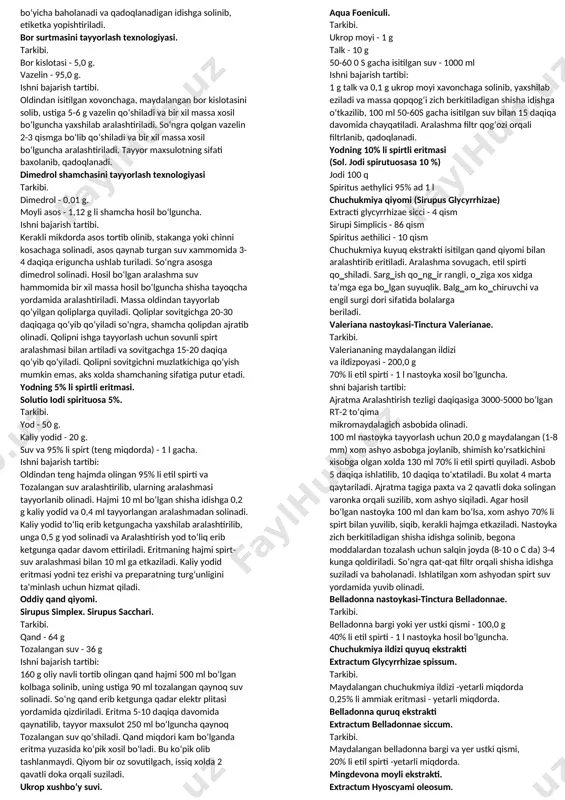 higining diametri 3000 mkm bo‘lgan elakdan o‘tkaziladi. hosil bo‘lgan granula pergament qog‘ozga, bir xil qalinlikda yoyilib, 40-50°cda mo‘'tadil qoldiq namlik qolguncha quritiladi. quritilgan granula 200 mkm li elak orqali elanib, mayda fraktsiyalardan ajratiladi. urodan granulasi - granulae urodanum. tarkibi. piperazin - 2,5 g. geksametilentetramin - 8,0 g. natriy benzoat - 2,5 g. litiy benzoat - 2,0 g. natriy fosfat quritilgani - 10,0 g. natriy gidrokarbonat - 37,5 g. uzum kislotasi - 35,6 g. qand upasi - 1,9 g. 96% li etil spirti - 30,1 ml. ishni bajarish tartibi: alohida-alohida maydalangan va teshigining diametri 200 mkm li elakdan o‗tkazilgan urodan granulasi tarkibidagi dori va yordamchi moddalar m.x.islamgulov asbobida 12 soniya davomida maydalanadi va aralashtiriladi. so‗ng aralashma chinni kosachaga o‗tkazilib, 96% li spirt bilan mo‗'tadil nam massa hosil bo‗lguncha namlanadi. nam massa teshigining diametri 3000 mkm bo‗lgan elakdan o‗tkaziladi. hosil bo‗lgan granula pergament qog‗ozga, bir xil qalinlikda yoyilib, 30-40°c da 3% qoldiq …