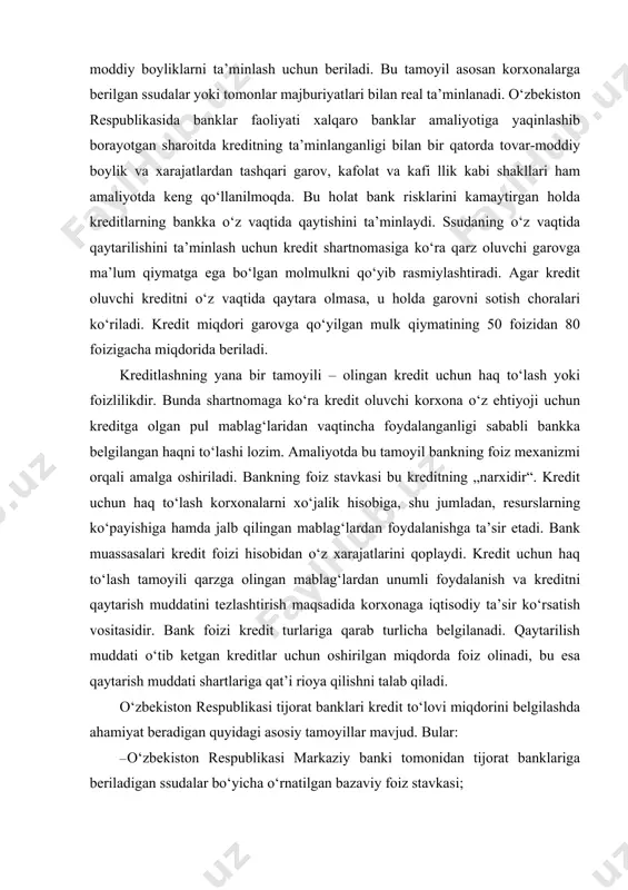 atlarini qoplaydi. kredit uchun haq to‘lash tamoyili qarzga olingan mablag‘lardan unumli foydalanish va kreditni qaytarish muddatini tezlashtirish maqsadida korxonaga iqtisodiy ta’sir ko‘rsatish vositasidir. bank foizi kredit turlariga qarab turlicha belgilanadi. qaytarilish muddati o‘tib ketgan kreditlar uchun oshirilgan miqdorda foiz olinadi, bu esa qaytarish muddati shartlariga qat’i rioya qilishni talab qiladi. o‘zbekiston respublikasi tijorat banklari kredit to‘lovi miqdorini belgilashda ahamiyat beradigan quyidagi asosiy tamoyillar mavjud. bular: · o‘zbekiston respublikasi markaziy banki tomonidan tijorat banklariga beriladigan ssudalar bo‘yicha o‘rnatilgan bazaviy foiz stavkasi; · banklararo kredit bo‘yicha o‘rtacha foiz stavkasi, ya’ni aktiv operatsiyalarni amalga oshirish uchun boshqa banklardan sotib olingan resurslar; · turli depozit hisobvaraqlar bo‘yicha mijozlarga bank tomoni-dan to‘lanadigan o‘rtacha foiz stavkasi; · bankning kredit resurslarining tarkibi (jalb qilingan mablag‘lar hissasi yuqori bo‘lganda kredit narxi ham yuqori bo‘ladi); · kreditga bo‘lgan talab; · talab qilinayotgan kredit muddati va kredit turi, ya’ni uning ta’minlanganligiga bog‘liq ravishda tavakkalchilik darajasi; · mamlakatdagi pul aylanishi muvozanati …