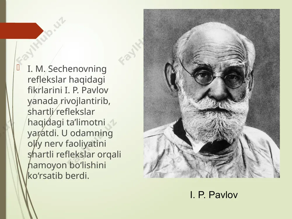 uzunchoq miyadagi po‘stloqosti ovqatlanish markazini qo‘zg‘atadi va uning nerv tolasi orqali so‘lak bezlari ishini kuchaytirishi natijasida so‘lak ajrala boshlaydi. rasmda yorug‘lik ta’sirida oldin miya po‘astlog‘idagi ko‘rish markazining qo‘zg‘alishi, undagi qo‘zg‘alish vaqtincha bog‘lanish orqali po‘stloqning ovqatlanish markaziga, undan esa uzunchoq miyadagi po‘stloqosti markaziga tarqalishi va nihoyat, so‘lak bezlariga o‘tib, so‘lak ajralishi strelka bilan ko‘rsatilgan. image3.jpeg image4.jpeg image5.jpeg image6.jpeg image7.jpeg image8.jpeg image9.jpeg image10.jpeg image11.gif image1.jpeg /docprops/thumbnail.jpeg