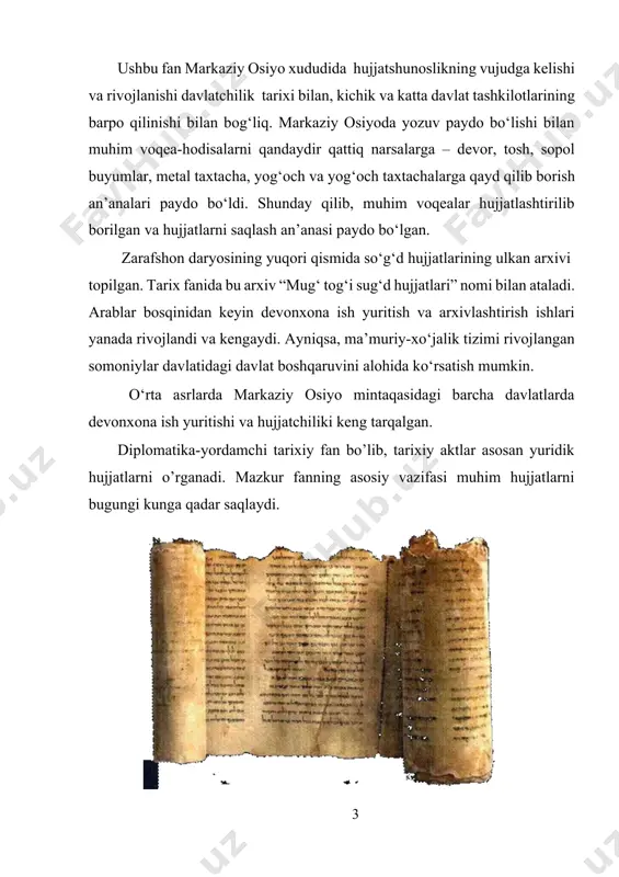qidagi ma’lumotlar xronologik jihatdan mil av. vii-vi asrlarga taalluqli siyosiy tuzilmalar to‘g‘risida tasavvur beradi. jahon miqiyosida davlatchilik va davlat hujjatchiligi tarixi mil.av. iv ming yillik oxiri – iii ming yillik birinchi choragidan boshlab kuzatiladi. lekin u davr hujjatchiligida amal qilgan yozuv tasvir ifodali ierogliflardang iborat edi. mesopotamiya xududlarida esa dastlabki bo‘g‘inli panasimon ieroglif tizimi yaratilgan edi. markaziy osiyo davlatchilik mahkamaviy ish yuritishi haqida gap ketganda, bu amaliyot yozuv madaniyatining yuqori saviyasini belgilovchi alifboli yozuv tizimlaridan foydalanilgan va bu davr miloddan avvalgi birinchi ming yillikning o‘rtalaridan boshlangan. ma’lumki, ahmoniylar saltanati o‘rta osiyo va o‘rta sharq mintaqasining katta qismini ham o‘z tasarrufiga olgan bu mintaqada ahmoniylar davlatida amal qilgan oromiy yozuvli hujjatchilik saqlanib qolmagan. biroq saltanat doirasiga kirgan parfiya, xorazm, so‘g‘d va baqtriya o‘lkalarida tez orada oromiy yozuvi asosida mahalliy tillarga muvofiqlashgan yangi alifbolar paydo bo‘lgan. ayni shu alifbo tizimlarida yozilgan davlat hujjatlarini arxivlashtirish jarayoni miloddan avvalgi so‘nggi asrlarda va milodning i …