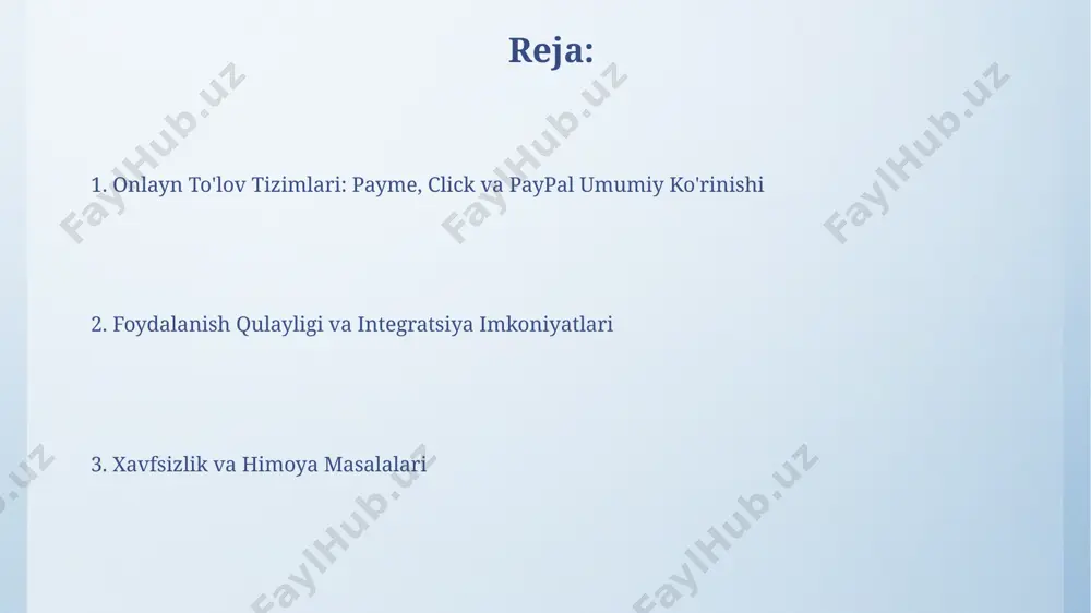 ham amalga oshiriladi. afzalliklari va kamchiliklari paypal xalqaro miqyosda 200 dan ortiq mamlakatda faoliyat yuritadi, bu esa xalqaro to'lovlarni amalga oshirishda qulaylik yaratadi, biroq ba'zi mamlakatlarda, masalan, o'zbekistonda, komissiya to'lovlari nisbatan yuqori bo'lishi mumkin. payme orqali 24/7 kun davomida to'lovlarni amalga oshirish mumkin, bu juda qulay, biroq ba'zi hollarda, ayniqsa, katta miqdordagi to'lovlarni amalga oshirishda, texnik nosozliklar yuz berishi mumkin. xavfsizlik va himoya click tizimi, jahon miqyosida tan olingan pci dss standartlariga muvofiq ishlab, to'lov kartalari ma'lumotlarini himoya qiladi va 800 dan ortiq xavfsizlik mutaxassisi bilan hamkorlikda xavfsizlikni ta'minlaydi. payme’da 24/7 ishlaydigan firibgarlikka qarshi monitoring tizimi mavjud bo'lib, u shubhali operatsiyalarni aniqlash va 1000 dan ortiq xavfsizlik protokoli orqali to'lovlarni himoya qilish imkonini beradi. e'tiboringiz uchun rahmat @taqdimot_robot image4.png image5.jpg image6.jpg image7.jpg image8.jpg image9.jpg image10.jpg image3.jpeg