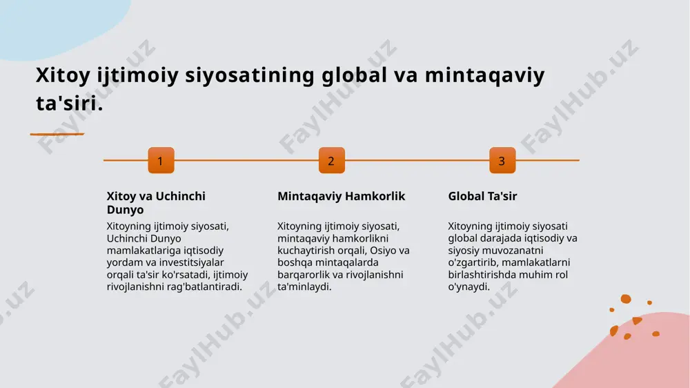 aholi uchun moliyaviy ko'mak taklif etib, ularni o'z ishlarini boshlashga va rivojlantirishga yordam beradi. ta'lim va malaka ta'lim va malaka oshirish dasturlari, qashshoqlikni kamaytirishda muhim rol o'ynaydi, chunki ular aholi uchun yangi ish imkoniyatlarini yaratadi. ijtimoiy tarmoqlar ijtimoiy tarmoqlar orqali jamoa a'zolari o'zaro yordam ko'rsatish imkoniyatiga ega bo'lib, bu qashshoqlikni kamaytirishga katta ta'sir ko'rsatadi. xulosa xitoy ijtimoiy siyosati davlatning roli va ta'siri kelajak istiqbollari xitoy hukumatining ijtimoiy siyosati tarixiy rivojida, qashshoqlikni qisqartirish, sog'liqni saqlash va ta'limni rivojlantirish asosiy tamoyil sifatida ko'riladi. xitoyda davlatning faol ishtiroki, ijtimoiy siyosatning muvaffaqiyatli amalga oshirilishida muhim ahamiyatga ega bo'lib, iqtisodiy rivojlanishga katta ta'sir ko'rsatadi. xitoy ijtimoiy siyosatining kelajakda innovatsion yondashuvlar va yangi strategiyalarni talab qilishi, qashshoqlikni kamaytirish va ijtimoiy barqarorlikni ta'minlashda davom etishi kutilmoqda. foydalanilgan adabiyotlar: 1.“itimoiy siyosat" .a . a. abduxalilov, e. x. zaitov. 2.”oila va bolalar bilan ijtimoiy ish amaliyoti” treningi. timoti xant, lyudmila kim. 3.uz.delachieve.com sayti. 4.”ijtimoiy ishning etnik prinsiplari va qadriyatlari”.14-bob …