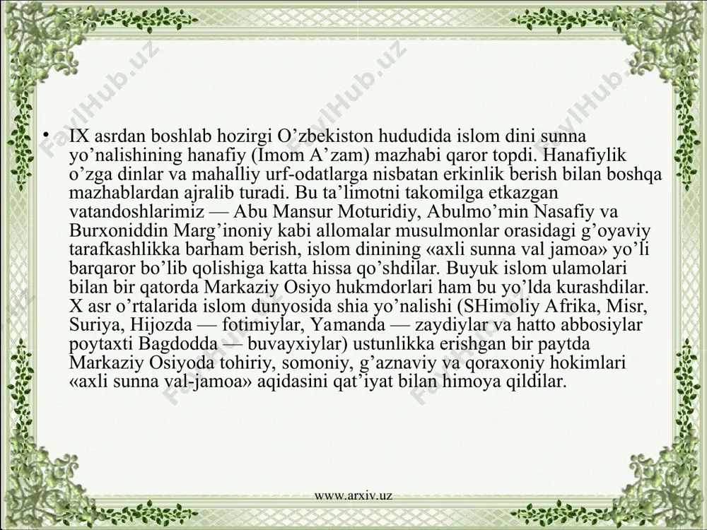 llangan buyumlar, diniy adabiyotlar va diniy mazmundagi boshqa axborot materiallarini o’zbekiston respublikasi qonun xujjatlarida belgilangai tartibda ishlab chiqarishga, eksport va import qilishga hamda tarqatishga haqdidir». mazkur qoida o’zbekiston hududiga diniy adabiyotlaming olib kirilishini tartibga soladi. www.arxiv.uz www.arxiv.uz foydalanilgan adabiyotlar: o’zbekiston respublikasi konstitutsiyasi. t.: 2001 yil. karimov i.a “ o’zbekiston xxi asr bo’sag’asida: xavfsizlikka taxdid, barqarorlik shartlari va taraqqiyot kafolatlari” t., “uzbekiston” 1997 yil. azizov a. islom va xozirgi zamon. t., 1992 yil. karimov i.a. o’zbekistonning uz istiqlol va taraqqiyot yo’li. t., “o’zbekiston” , 1992 yil. karimov i.a ollox kalbimizda, yuragimizda. t., www.arxiv.uz www.arxiv.uz