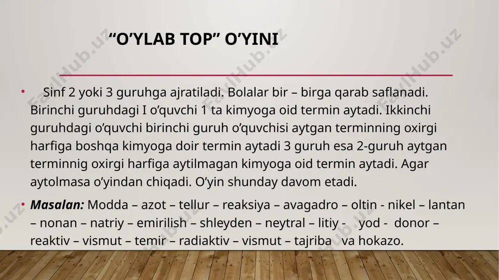 qisqa holatda ifoda etib, tasdiqlovchi dalillar ѐki inkor etuvchi fikrlarni baѐn etishga ѐrdam beradi. f – fikringizni bayon eting s – fikringiz bayoniga sabab ko‘rsating m – ko‘rsatgan sababingizni isbotlovchi dalil keltiring u – fikringizni umumlashtiring “fikrlarning shiddatli hujumi” “fikrlarning shiddatli hujumi” “fikrlarning shiddatli hujumi” metodini qo’llash jarayonida quyidagi holatlar yuzaga keladi: o’quvchi-talabalar tomonidan muayyan nazariy bilimlarning puxta o’zlashtirilishiga erishish; vaqtni tejash; har bir o’quvchi-talabani faollikka undash; ularda erkin fikrlash layoqatini shakllantirish. “fikrlarning shiddatli hujumi” “kundalik daftar” metodi keys stady o’qitishning 4 pog’onali metodi bu pog’onalarning nomi: «tushuntirish», «nima qilish kerakligini ko’rsatib berish», «ko’rsatilgan tarzda qaytarish», «mashq qilish». bu metod bo’yicha masalan, amaliyot o’qituvchisi talabalarga avval biror ishni bajarishning kichikroq alohida bosqichini tushuntirib beradi, keyin nima qilish kerakligini o’zi bajarib ko’rsatadi. so’ngra talaba shu ish bosqichini ko’rsatilgandek bajarib takrorlashi (imitastiya qilishi) kerak. image2.gif image3.jpeg image4.jpeg image5.png image6.png image7.png image8.png image9.png image10.jpeg image11.png image12.png image13.jpeg image14.jpeg image15.jpeg image16.jpeg image17.jpeg image18.jpeg image1.jpg …