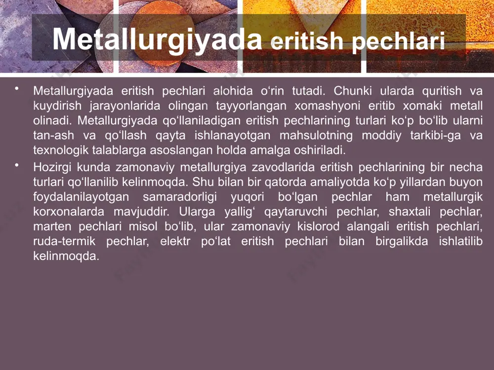a qirindilari, jarayonning oxirida bimetall (qo‘sh metall) va shixtani qolgan komponentlari yuklanadi. bir tonna eritmani tayyorlash uchun 30-50 kvtsoat elektr energiya, 3-4 kg grafit elektrodlar sarf bo‘ladi. eritish natijasida hosil bo’ladigan maxsulotlar minorali pechlarda ikkilamchi xom ashyoni eritish natijasida qora mis, shlak va chang hosil bo‘ladi. bu mahsulotlarni kimyoviy tarkibi 6.4-jadvalda ko‘rsatilgan. minorali pechda eritishda hosil bo‘lgan mahsulotlar 6.5-jadval keltirilgan ko‘rsatkichlar bilan xarakterlanadi. pechga solingan shixtani 30-33 foizi qora mis, 53-57 foizi shlak, 3-4 foizi dag‘al chang, 5-10 foizi mayin chang tarkibiga o‘tadi. eritish natijasida pechga solingan misni umumiy miqdorini 98 foizi xomaki misga ajratiladi, shlakka 1,5-2 foiz, 0,2-0,4 foiz mis changga o‘tadi. ruhni 45-55 foizi gaz holida haydaladi va ruh oksidi holatida ajratib olinadi. 12-15 foiz ruh qora mis tarkibida 30 foizdan ko‘prog‘i shlakka o‘tadi. ruhni jarayonda isrof bo‘lishi 15 foizgacha etadi ikkilamchi xom ashyoni minorali pechda eritishdan hosil bo‘lgan mahsulotlarni kimyoviy tarkibi eritish natijasida hosil bo‘lgan mahxulot-lar cu …