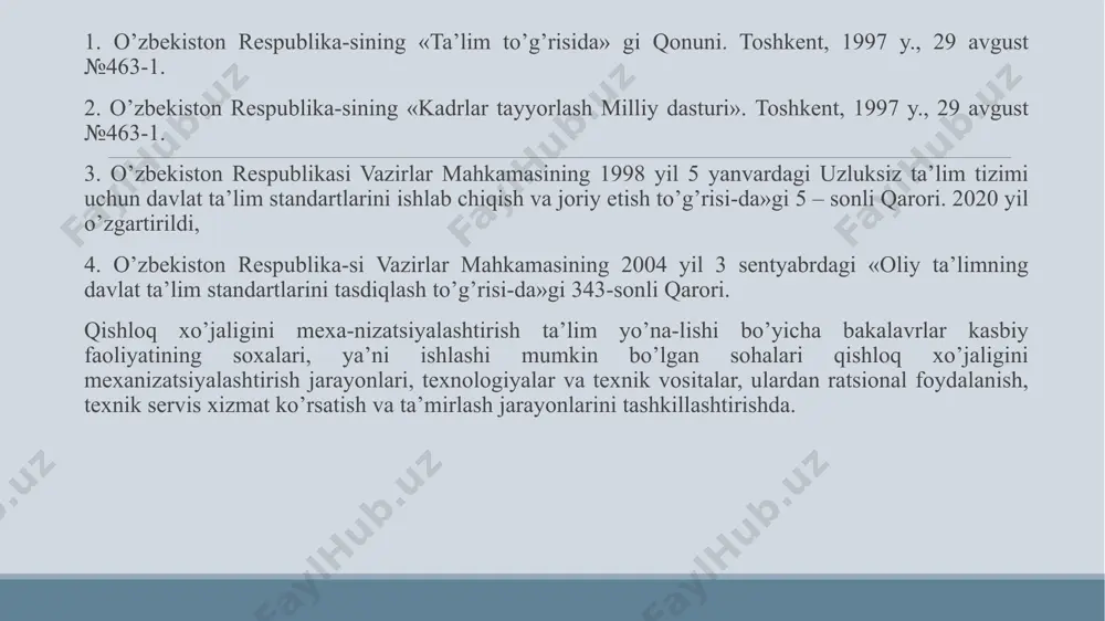 tlarni 50% dan ko’prog’ini o’zlashtirilishi (dalalarni begona o’tlardan tozalash);; 2. tuproq zichlanishini ortib ketganligi (nol texnologiyalarni qo’llash - yerga ishlov berishni kamaytirish); 3. ekinlarni sug’orishdagi suv tanqisligi (zamonaviy sug’orish usullari:tomchilatib, tuproq ostidan sug’orish va b. qo’llash) va h. ma’lumki, dunyo bo’yicha 20-asrning boshlarida qishloq xo’jaligida o’rtacha 38% ishchi kuchi band bo’lgan bo’lsa, bugingi kunda rivojlangan mamlakatlarda atigi 2% ni tashkil etmoqda 2krombhols/bertram/wandel. “land-technik”. germany, 2008. 9-бет. o’zbekistonda qishloq xo’jaligi tarmog’ining mamlakat milliy iqtisodiyotidagi o’rni juda muhim bo’lib, mamlakat aholisining 63 foizi qishloqda yashaydi. mehnatga yaroqli aholi bandligining 35 foizi qishloq xo’jaligiga to’g’ri keladi. shuni alohida takidlash kerakki, hozirgi davrda texnikalar kuchi bilan har qanday cho’lni go’zal, yashnagan vodiyga aylantirish mumkin, lekin bir vaqtni o’zida uni teskarisi ham amalga oshishi hech gap emas. mashina-traktor parklarini sifatli qishloq xo’jaligi mashinalari bilan qayta jihozlash; quvvati, ish unumi, yoqilg’i sarfi va boshqa ko’rsatgichlari zamonaviy standartlarga mos keladigan yangi turdagi qishloq xo’jaligi texnikalarini ishlab chiqarishni …
