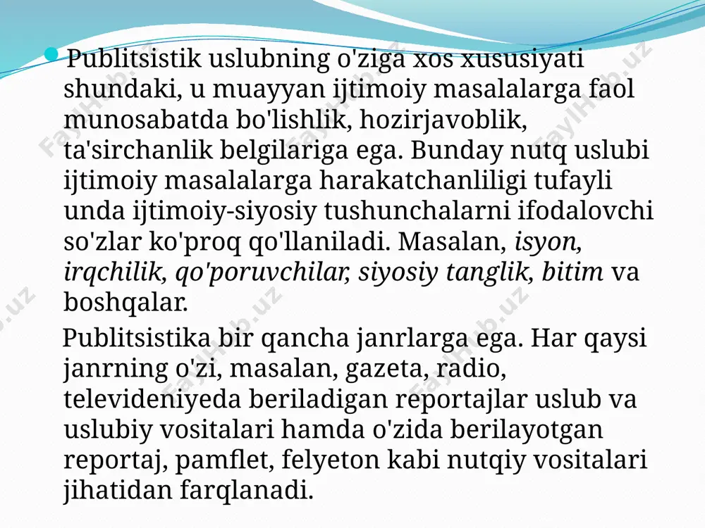 adigan reportajlar uslub va uslubiy vositalari hamda o'zida berilayotgan reportaj, pamflet, felyeton kabi nutqiy vositalari jihatidan farqlanadi. shunday bo'lishiga qaramasdan ularning hammasi bir umumiy belgi asosida publitsistik nutqning turli ko'rinishlari sanaladi. u ham bo'lsa, nutqning jamiyatga qaratilganidir. 1-topshiriq. maktubni o'qing, publitsistik uslubga xos bo'lgan o'rinlarni topib, ularni izohlang. siz ham biron-bir asar qahramoniga shunday maktub yozishga harakat qilib ko'ring. image2.jpeg image3.jpeg /docprops/thumbnail.jpeg