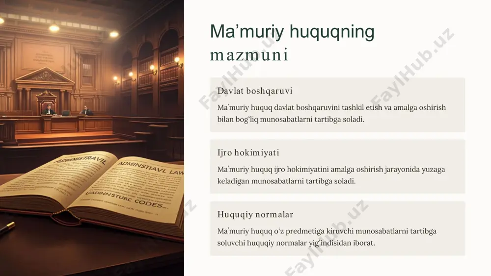 shadi. maʼmuriy huquqning tartibga solish usuli taqiqlovchi maʼmuriy huquq ba'zi harakatlarni taqiqlash orqali munosabatlarni tartibga soladi. majburiyat yuklovchi maʼmuriy huquq subʼyektlarga ma'lum majburiyatlarni yuklash orqali munosabatlarni tartibga soladi. vakolat beruvchi maʼmuriy huquq subʼyektlarga ma'lum vakolatlarni berish orqali munosabatlarni tartibga soladi. ragʻbat lant iruvchi maʼmuriy huquq subʼyektlarni ragʻbatlantirish orqali munosabatlarni tartibga soladi. maʼmuriy huquqning tizimi umumiy qism maʼmuriy huquqning umumiy qismida davlat boshqaruvini tashkil etish va amalga oshirish jarayonining umumiy tomonlarini belgilab beruvchi normalar va institutlar joylashgan. maxsus qism maʼmuriy huquqning maxsus qismida davlat xizmati, maʼmuriy jarayon, maʼmuriy tartib-taomillar, maʼmuriy yustitsiya va maʼmuriy sudlov kabi institutlar joylashgan. maʼmuriy huquqning funksiyalari 1 tart ibga solish funksiyasi maʼmuriy huquq davlat boshqaruvi sohasidagi ijtimoiy munosabatlarni tartibga soladi. 2 huquqni ijro et ish funksiyasi maʼmuriy huquq ijro hokimiyatini amalga oshirishning huquqiy shaklini oʻzida ifodalaydi. 3 huquq ijodkorligi funksiyasi maʼmuriy huquq davlat boshqaruvi subʼyektlarining vakolatlari va huquqiy maqomini belgilaydi. 4 tashkiliy funksiya maʼmuriy huquq davlat boshqaruvini …