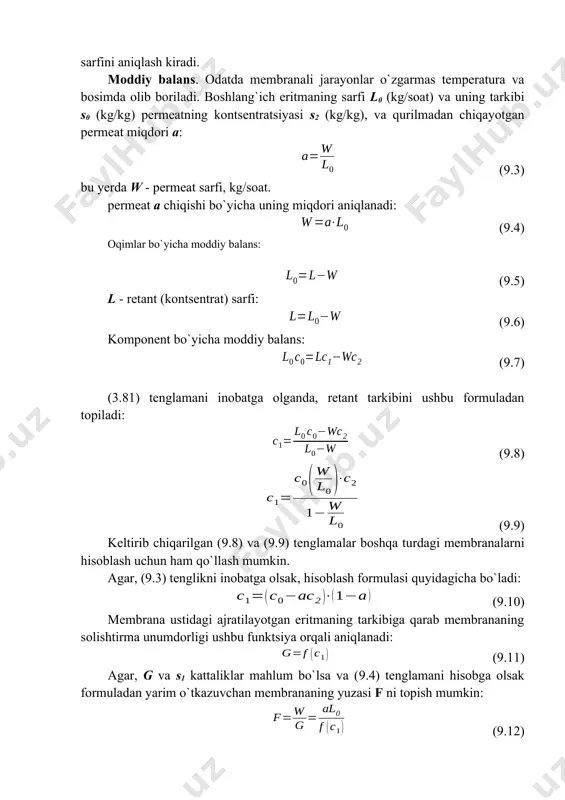 4-membrana; 5-teshik. )bu turdagi qurilmalar oqsillarni ajratib olish, hamda yog`sizlantirilgan sut va tvoroglarni ulgptrafiltrlash uchun qo`llaniladi. yassi yuza, membrana elementli kurilmalar kamchiliklari: membranalar solishtirma yuzasi kichik 60...300 m2; membranalarni almashtirish va yigish qo`lda amalga oshiriladi. membranali jarayon va qurilmalarni hisoblash membranali qurilmalarning hisobi texnologik, gidravlik va mexanik hisoblardan iborat. eritma isitilsa yoki sovutilsa, jarayon issiqlik hisobi ham o`tkazilishi kerak. texnologik hisoblashlarda membrananing ishchi yuzasi, suyuqliklar sarfi va tarkibi aniqlanadi. gidravlik hisoblashdan maqsad - qurilma va armaturalarning gidravlik qarshiliklarini aniqlashdir. mexanik hisob esa, qurilma qismlarining o`lchamlarini aniqlash va ishchi bosim uchun to`g`ri keladigan armatura tanlashdan iborat. issiqlik hisoblashga esa, issiqlik almashinish yuzasini va issiqlik eltkichlar sarfini aniqlash kiradi. moddiy balans. odatda membranali jarayonlar o`zgarmas temperatura va bosimda olib boriladi. boshlang`ich eritmaning sarfi l0 (kg/soat) va uning tarkibi s0 (kg/kg) permeatning kontsentratsiyasi s2 (kg/kg), va qurilmadan chiqayotgan permeat miqdori a: (9.3) bu yerda w - permeat sarfi, kg/soat. permeat a chiqishi bo`yicha …