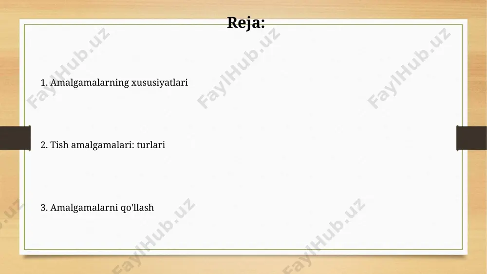 yaga kirishib, mustahkam va plastik material hosil qiladi. amalgamning afzalliklari amalgam materialning antimikrobial xususiyatlari bor, bu plomba atrofida ikkilamchi karies (chiqindi) xavfini kamaytiradi. amalgam plombalarning chidamliligi yuqori bo'lib, tishlarni tish g'ijirlashi va kuchli chaynash kabi katta bosimlardan himoya qiladi. amalgam bilan ishlash texnikasi amalgam aralashtirishda amalgamatorning tezligi va aralashtirish vaqti juda muhim. odatda 4000-4800 aylanish/min tezlikda 6-10 soniya davomida aralashtiriladi. amalgamni qo'llashda 0.45 ko'prikli qisqichlardan foydalaniladi. bu qisqichlar amalgamni zichlash va ortiqcha simobni olib tashlash uchun ishlatiladi, shu bilan mustahkamlikka erishiladi. xulosa amalgamalar stomatologiyada 150 yildan ortiq vaqt davomida ishlatilgan, bu ularning chidamliligi va arzon narxini isbotlaydi, ammo kompozitlar kabi alternativlar tobora ommalashib bormoqda. zamonaviy tadqiqotlar amalgamalarning tish biologiyasi bilan uyg'unligini yaxshilashga qaratilgan, bunda mis va palladiy kabi yangi elementlarning qo'shilishi muhim rol o'ynaydi. amalgamning kamchiliklari amalgamada korroziya va kengayish xususiyatlari mavjud, bu vaqt o'tishi bilan tish tuzilishini buzishi, yoriqlar paydo bo'lishi va marginal buzilishga olib kelishi mumkin. amalgama tarkibida …